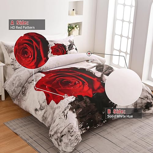 Miniatura 2 de WONGS BEDDING Juego de funda de edredón tamaño King, juego de ropa de cama de 3 piezas con estampado de rosas rojas con 2 fundas de almohada, funda