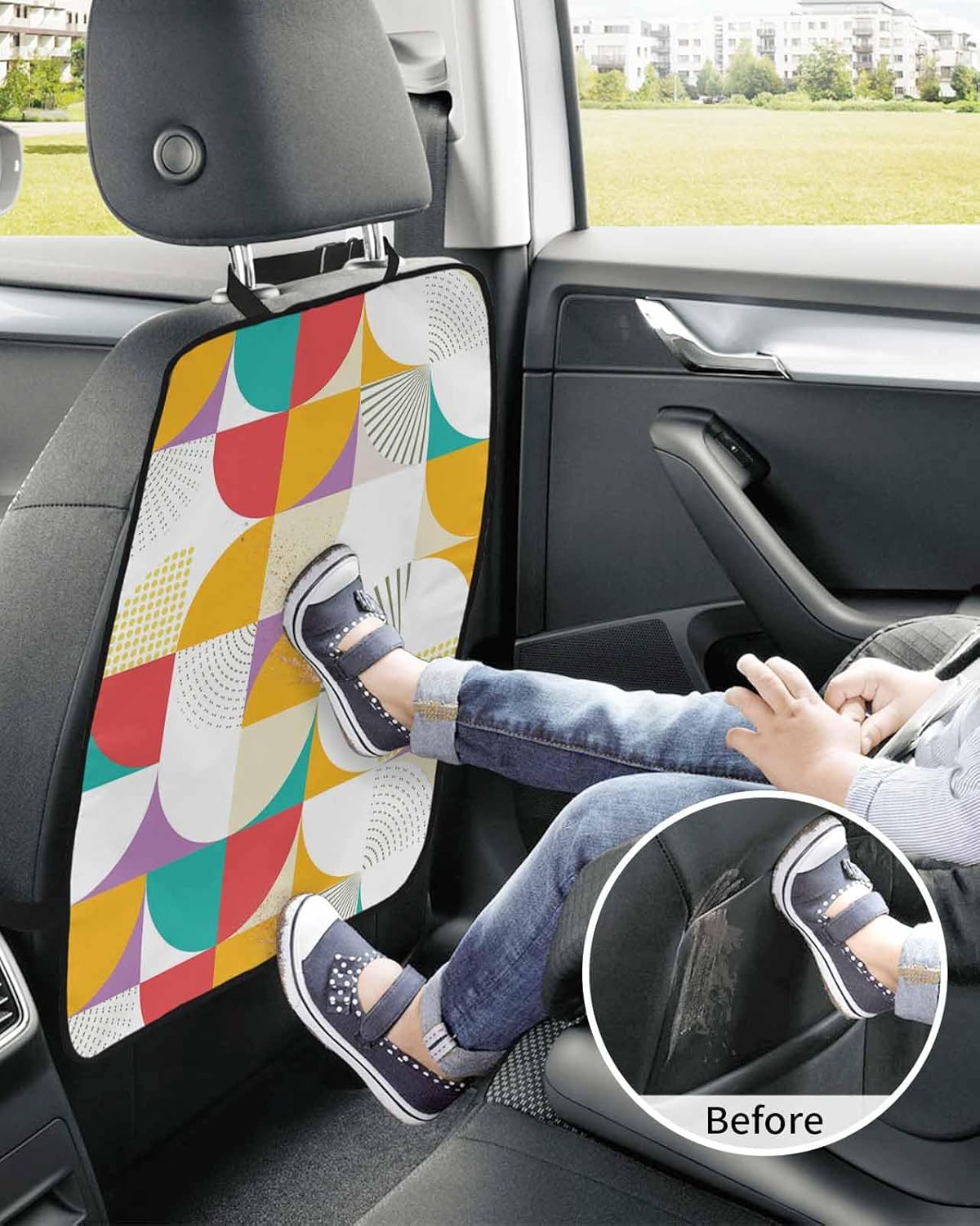 Car Seat Protector, 2 Pack Kick Mats Back Seat Protector Mid Century Abstract Yellow Red White Geometric Pattern Waterproof Backseat Cover for Kids Universal Fit Automotive Interior Protectors