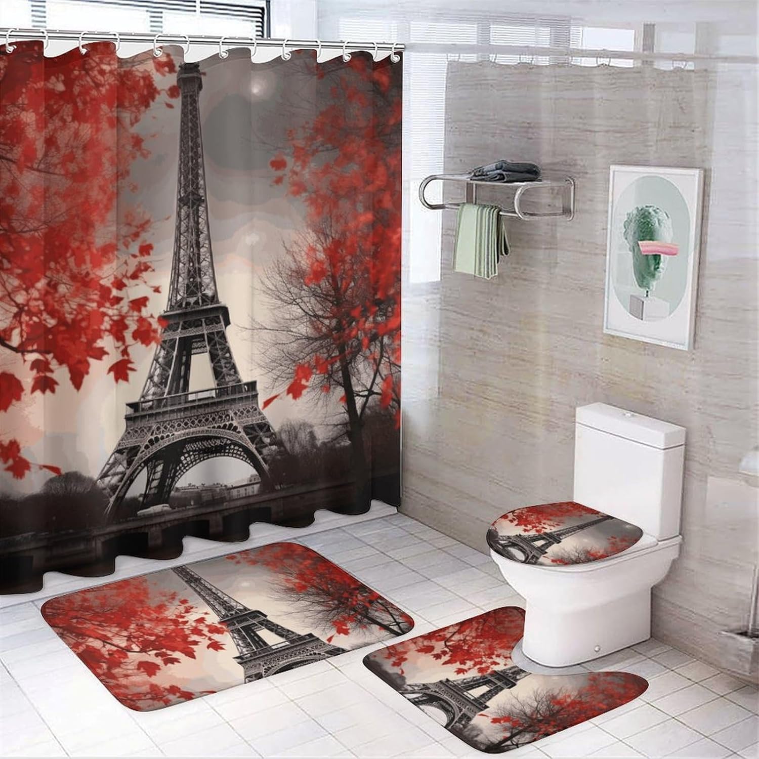 Eiffel Tower Autumn Leaves Shower Curtain Set 4 Piece, Non-Slip Bath Mat with Toilet Lid Cover and Waterproof Shower Curtain with 12 Hooks, Complete Bathroom Set for Home Decor
