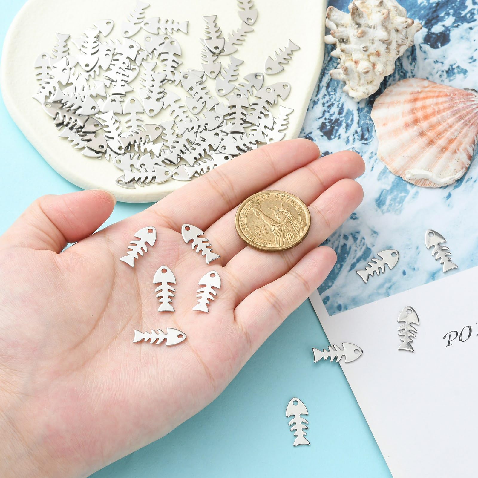 UR URLIFEHALL 100 Pcs 201 Stainless Steel Fishbone Charms Ocean Marine Life Fish Bone Charms for DIY Craft Jewellery Making Hair Decor - Image 3