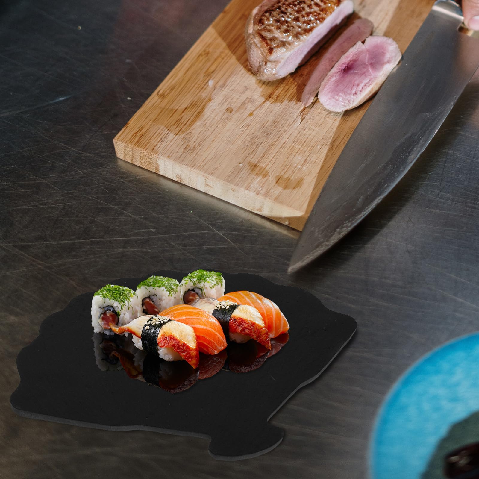 Plato Abanico para Sushi y Bistec de Pizarra Negra, Fácil de Limpiar | Restaurante Occidental y Postres, Diseño Seguro y Saludable, Uso Doméstico, Acabado Negro