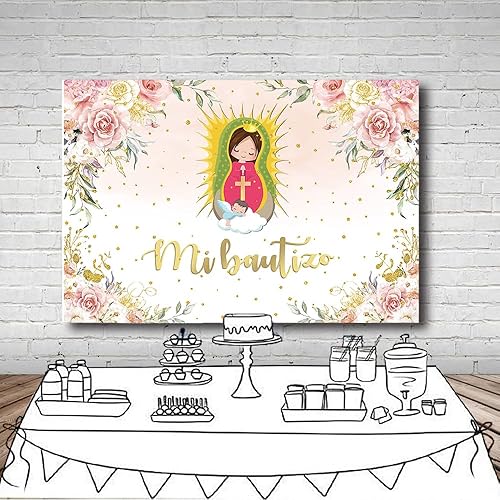 Miniatura 4 de MEHOFOND Telón de fondo de bautismo Mi Bautizo de 7 x 5 pies, acuarela, rosa, floral, hierba de las pampas, fondo de baby shower, fondo de baby
