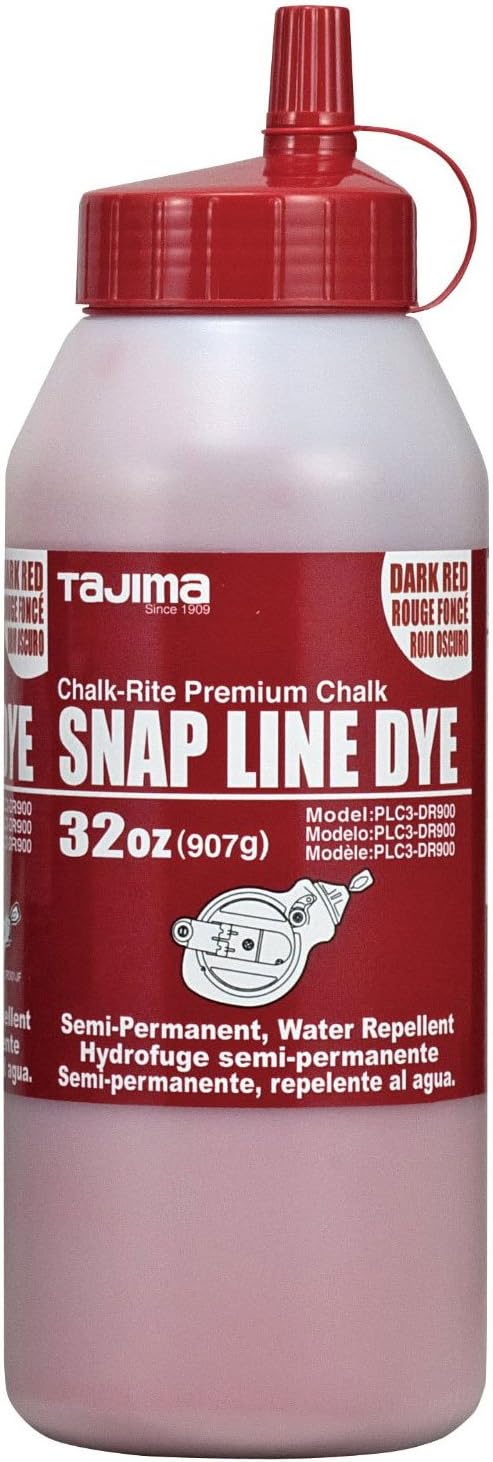 TAJIMA Marking Chalk - Dark Red 32 oz (907g) Semi Permanent Snap-Line Dye with Durable Bottle & Easy-Fill Nozzle - PLC3-DR900