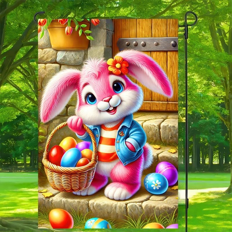 Easter Garden Flag 12x18 inch Double Sided Cute Bunny Garden Flags Eggs Yard Flag Easter Decoration for Outside Decor Yard Porch Outdoor Banner Summer Spring Decorations