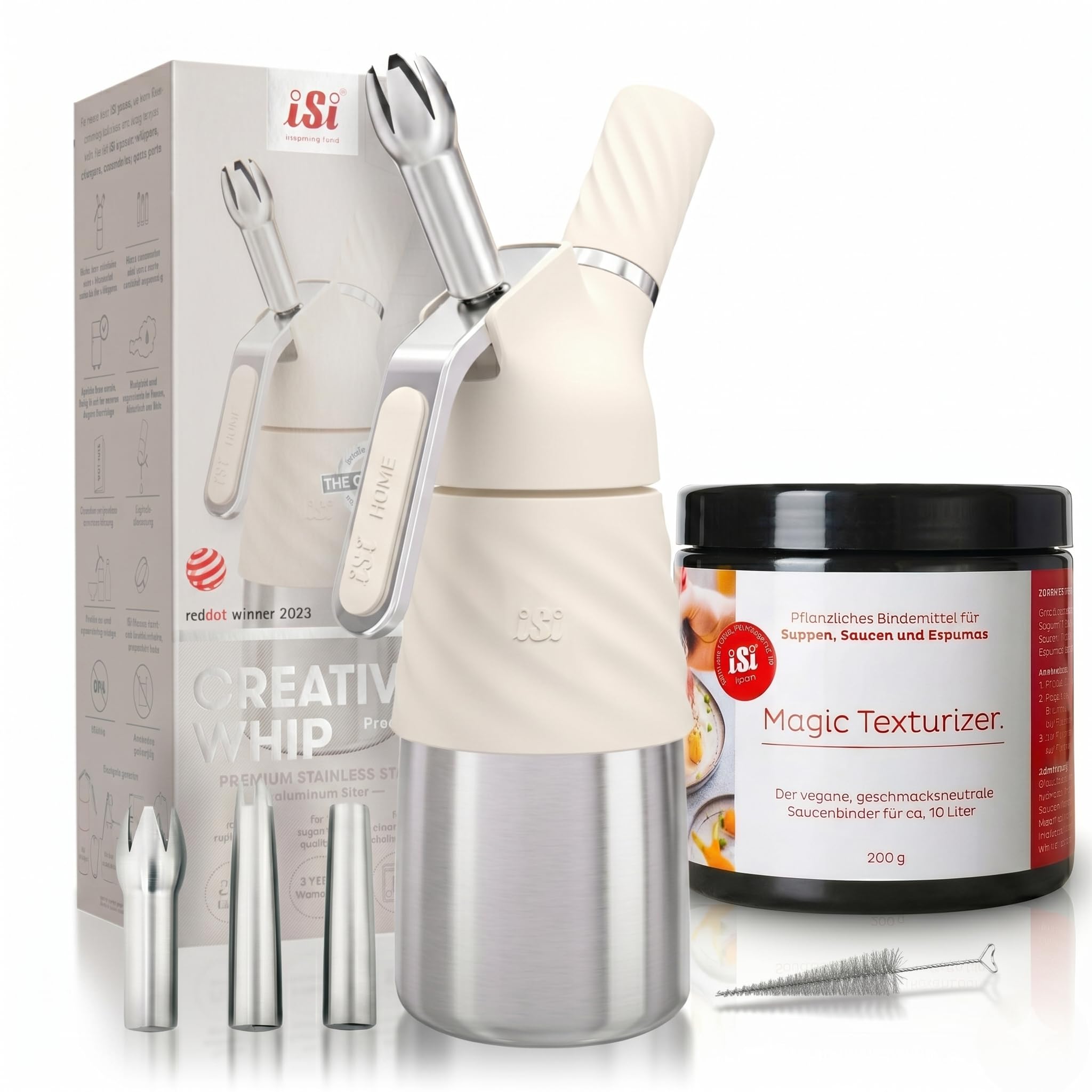 iSi Creative Whip Premium Sahnespender 250ml, Ivory White, aus Edelstahl, inkl. 3 Edelstahltüllen & Magic Texturizer, Sahnespender für Sahne, Dessert & Herzhaftes, Spülmaschinenfest
