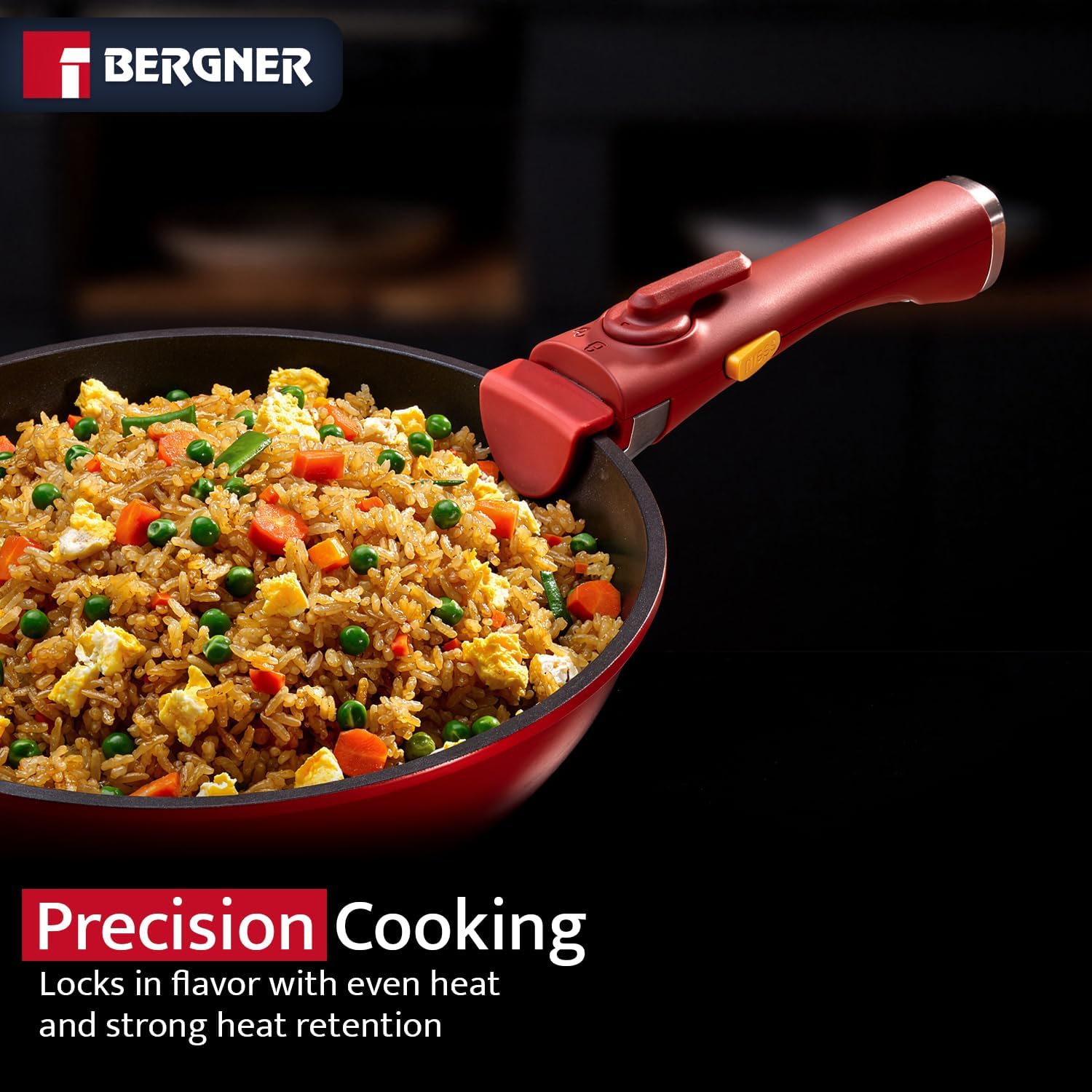 A hand demonstrating how to attach a detachable handle to a frying pan, highlighting the secure locking mechanism.