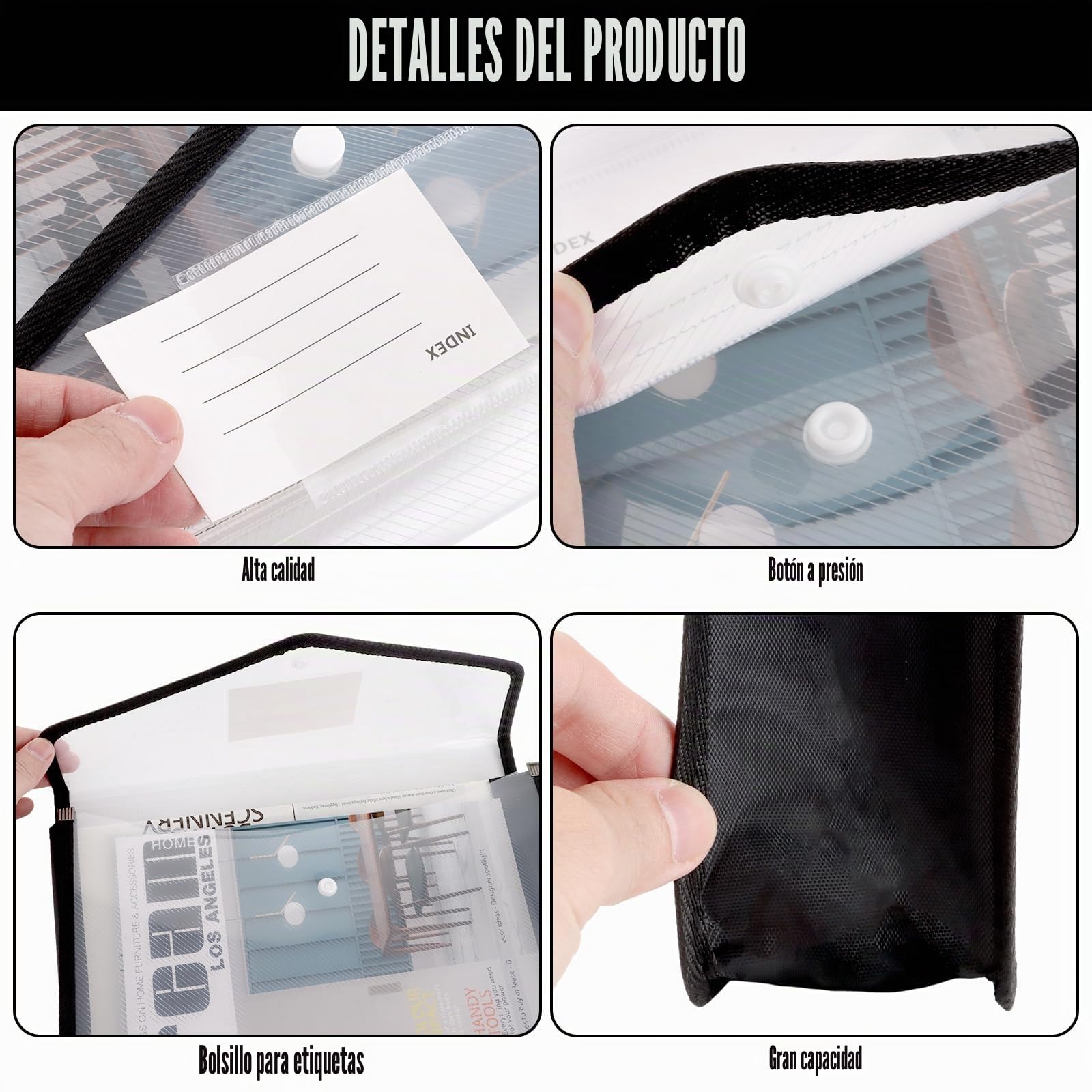 JMIATRY 8 carpetas para documentos A4, de plástico, tamaño A4, con botón de presión, para oficina, escuela, viajes, color negro