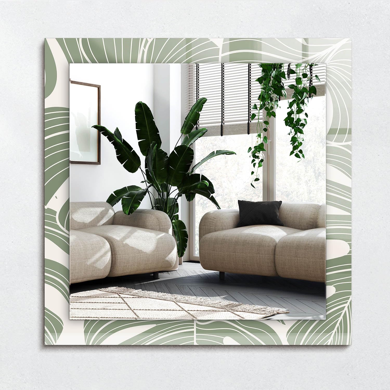 Miroir sans cadre 60x60 cm carré avec impression feuilles de Monstera pour décoration murale modern