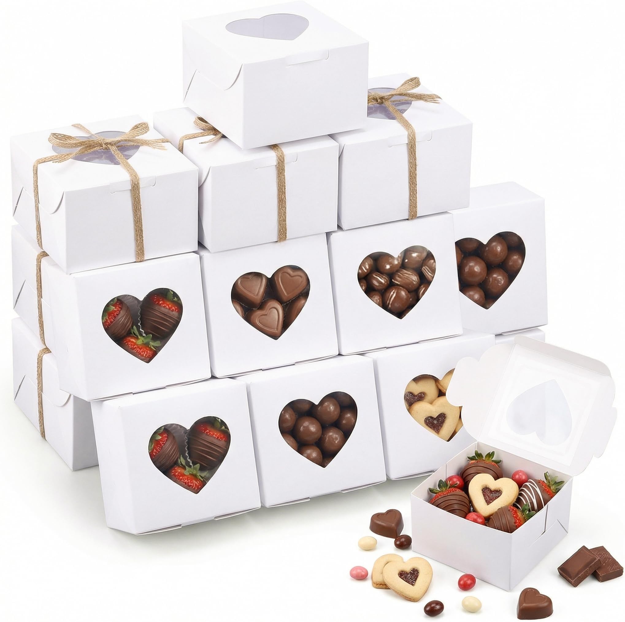 VGOODALL Valentine Cookie Boxes with Window, 4x4x2.5 Inches, 14 Small Heart Shaped Dessert Boxes, Linen Ribbon for Bakery Packing, Perfect for Valentine's Day