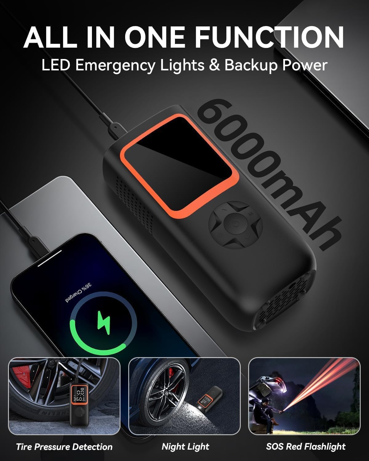 Gonfleur de pneus portable - Pompe à air sans fil 150PSI pour pneus de voiture avec manomètre et lumière LED, gonflage 2X plus rapide Compresseur d'air électrique pour voiture, vélo, moto, ballon