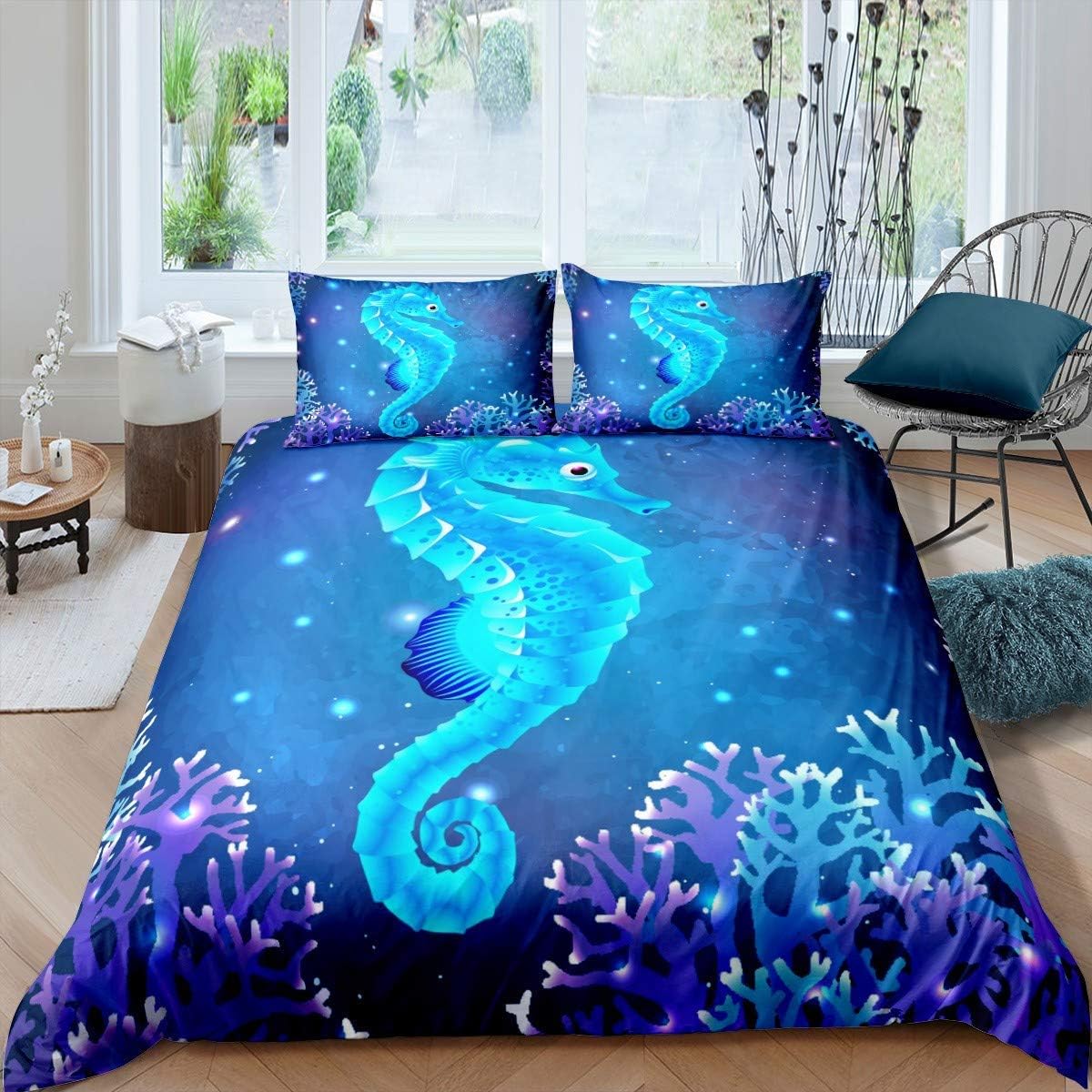 Youth Seahorse Print Duvet Cover Kids Ocean Creature Themed Comforter Cover for Boys Girls Marine Sealife Bedding Set Teens Sea Underwater World Blue Hippocampus Decor Bedspread Cover Single Size - Image 5