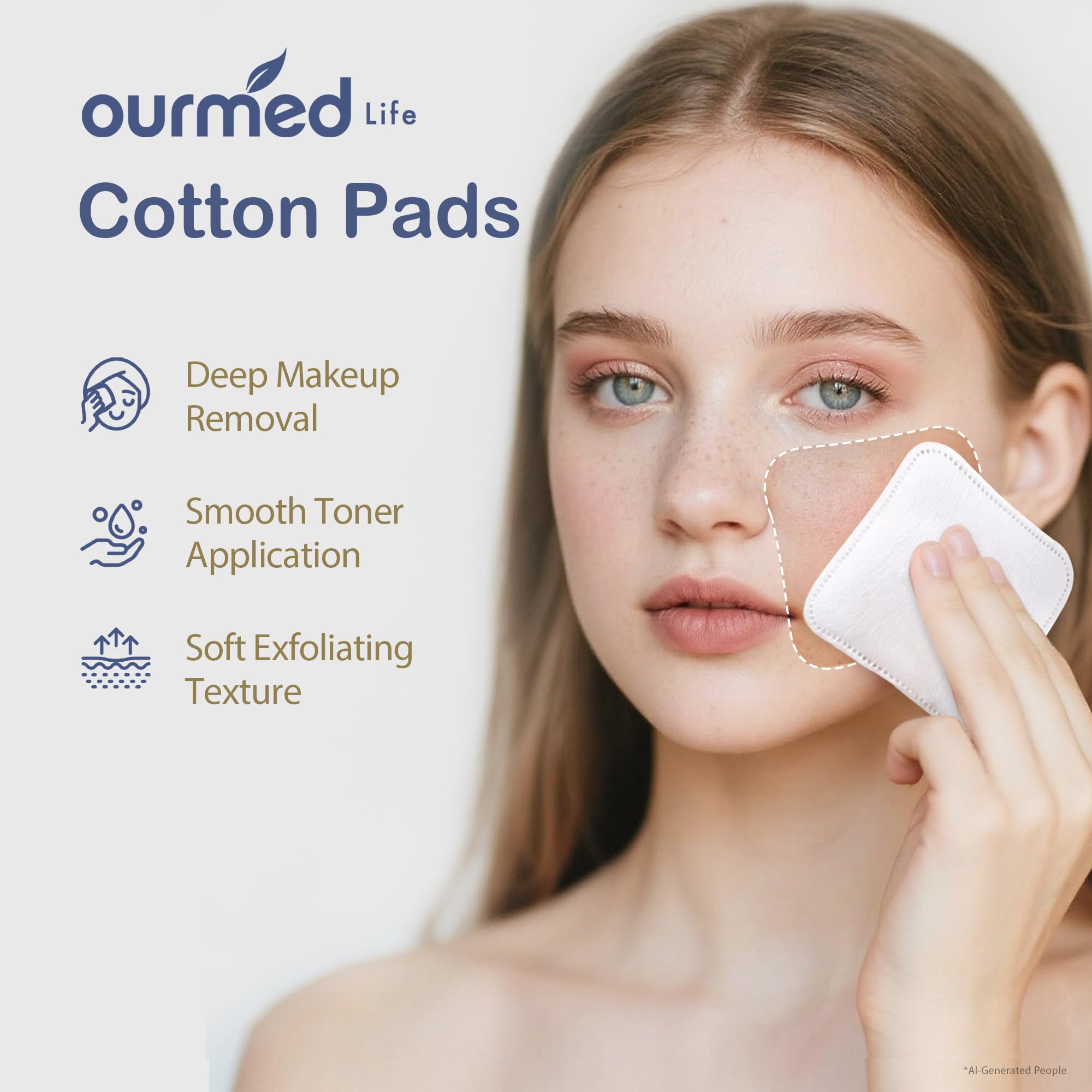Ourmed Life Grandi dischetti di cotone per la rimozione del trucco, morbidi e privi di lanugine con design con cuciture pressate, resistenti cuscinetti struccanti per la pulizia del viso su tutti i