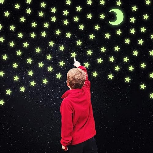 Miniatura 5 de Calcomanías de estrellas que brillan en la oscuridad, 100 estrellas para techo, estrellas brillantes 3D con luna, estrellas adhesivas que brillan en