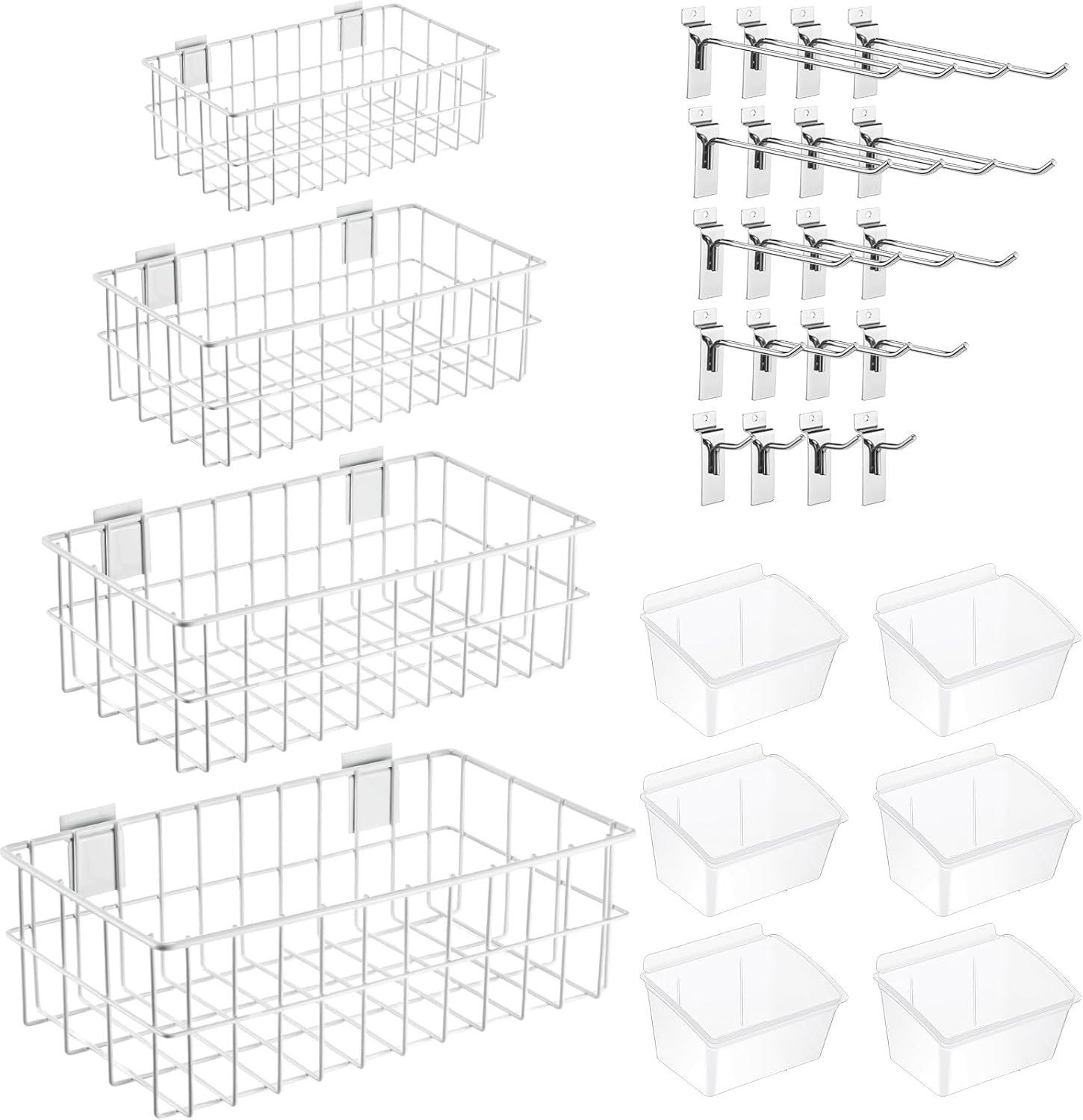 Barydat 35 Pcs Slatwall Accessories Set Includes 4 Slatwall Baskets, 6 Storage Bins and 25 Hooks Mounted Hanging Organizer Kits for Shops Rooms Storage Display Organizing(White)