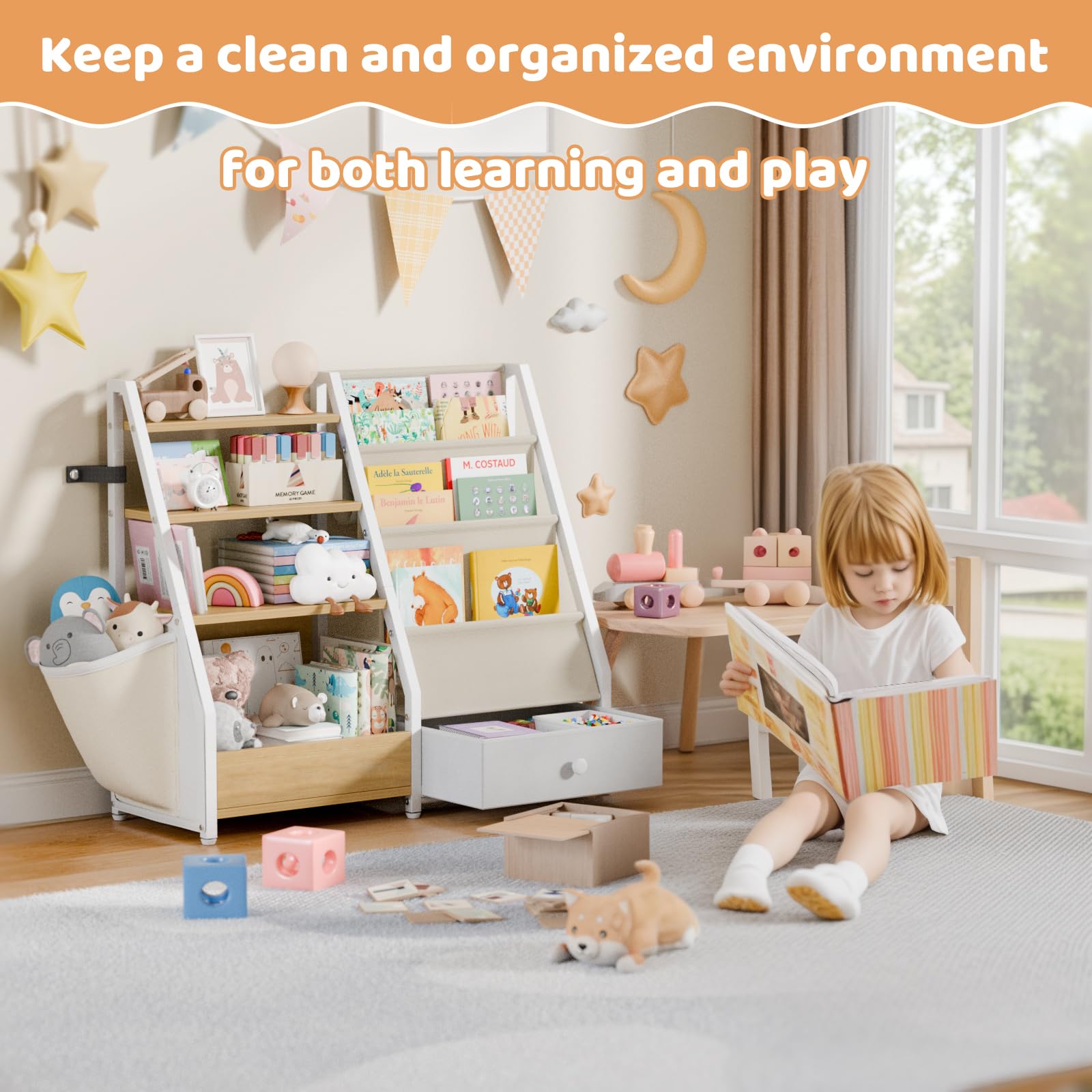 Estantería para niños y almacenamiento de juguetes HAVLOTII - Estante de libros para habitaciones infantiles, estantería para bebés para guardería, organizador de juguetes Montessori, color burdeos