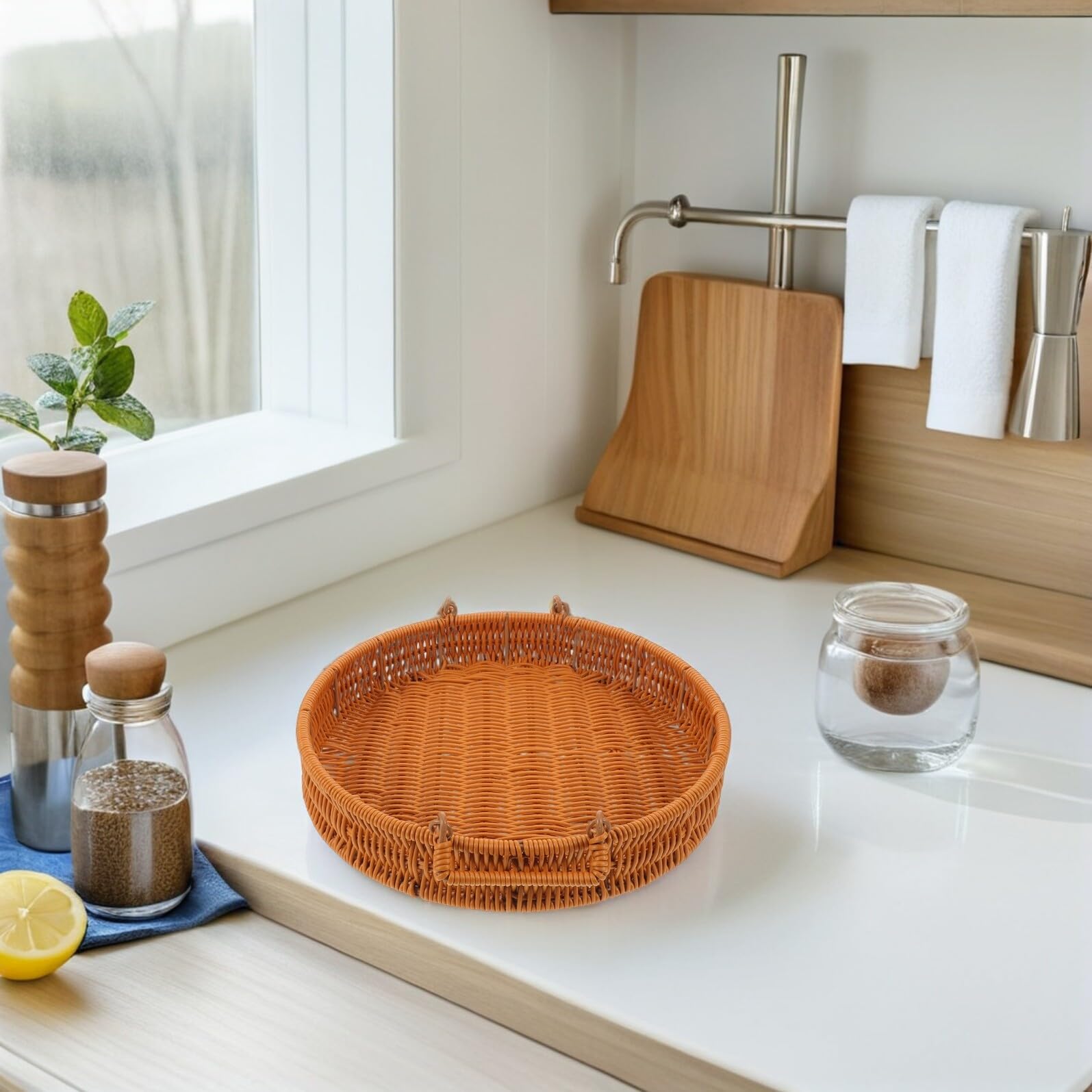 TOPBATHY Cesta de Almacenamiento Redonda Tejida con Asas Dobles para Cocina y Sala Contenedor de Organización Portátil