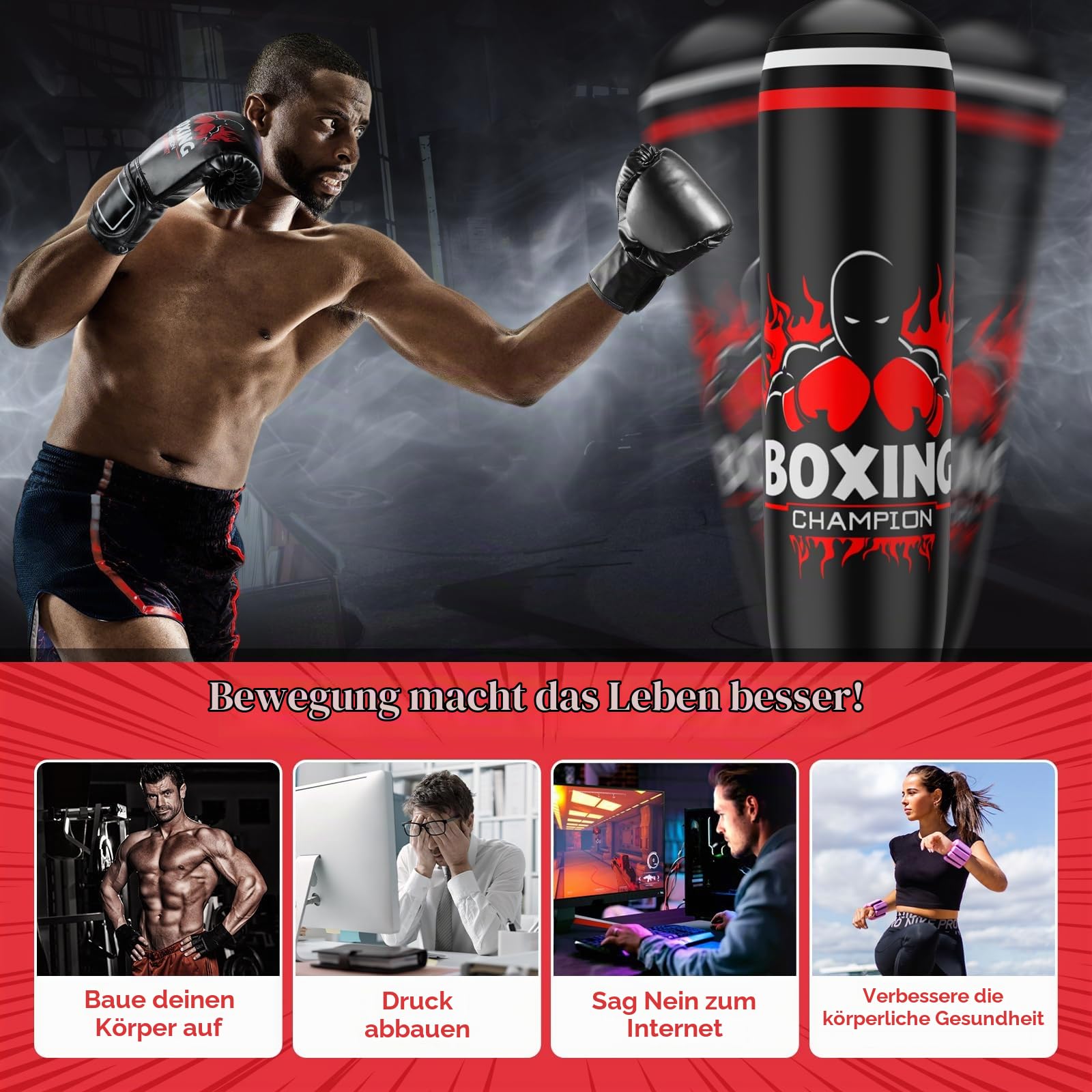IMAYCC Boxsack Stehend Erwachsene&Kinder, Mit PU Boxhandschuhe, Upgrade Verdickt 180CM Hochwertiges PVC Boxing Bag für Teenager, Punching Bag für Muay Thai, Taekwondo,MMA,Box Training,Sandbag Fitness.
