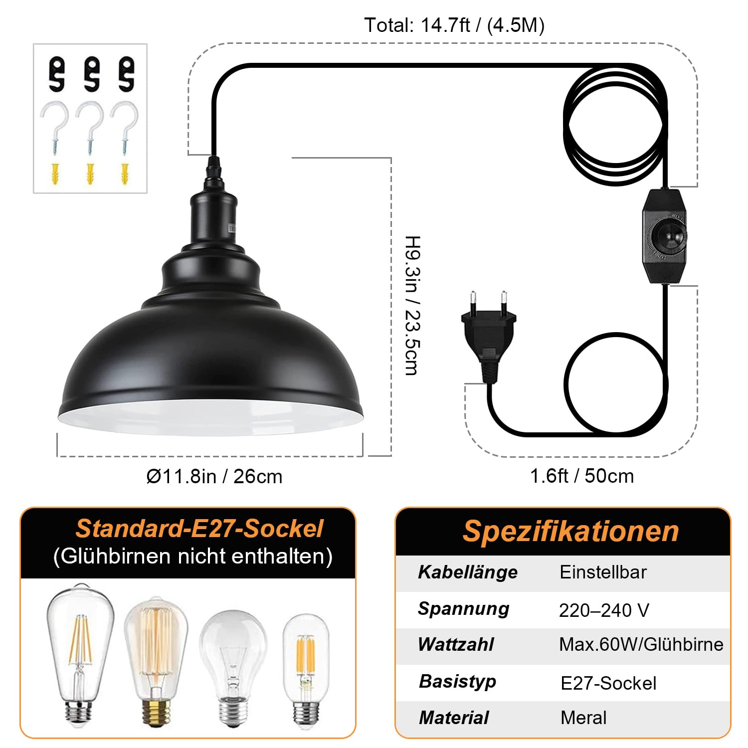 Hängelampe mit Stecker, Dimmbar Vintage Pendelleuchte mit 4.5m Kabel und Dimmer Schalter, E27 Lampefassung Schwarz Metall Hängeleuchte für Outdoor & Innen Küche Garten Balkon Terrasse, Ø 26CM | Kronleuchter mit Kabel 4,5 m und Dimmschalter, Deckenleuchte,