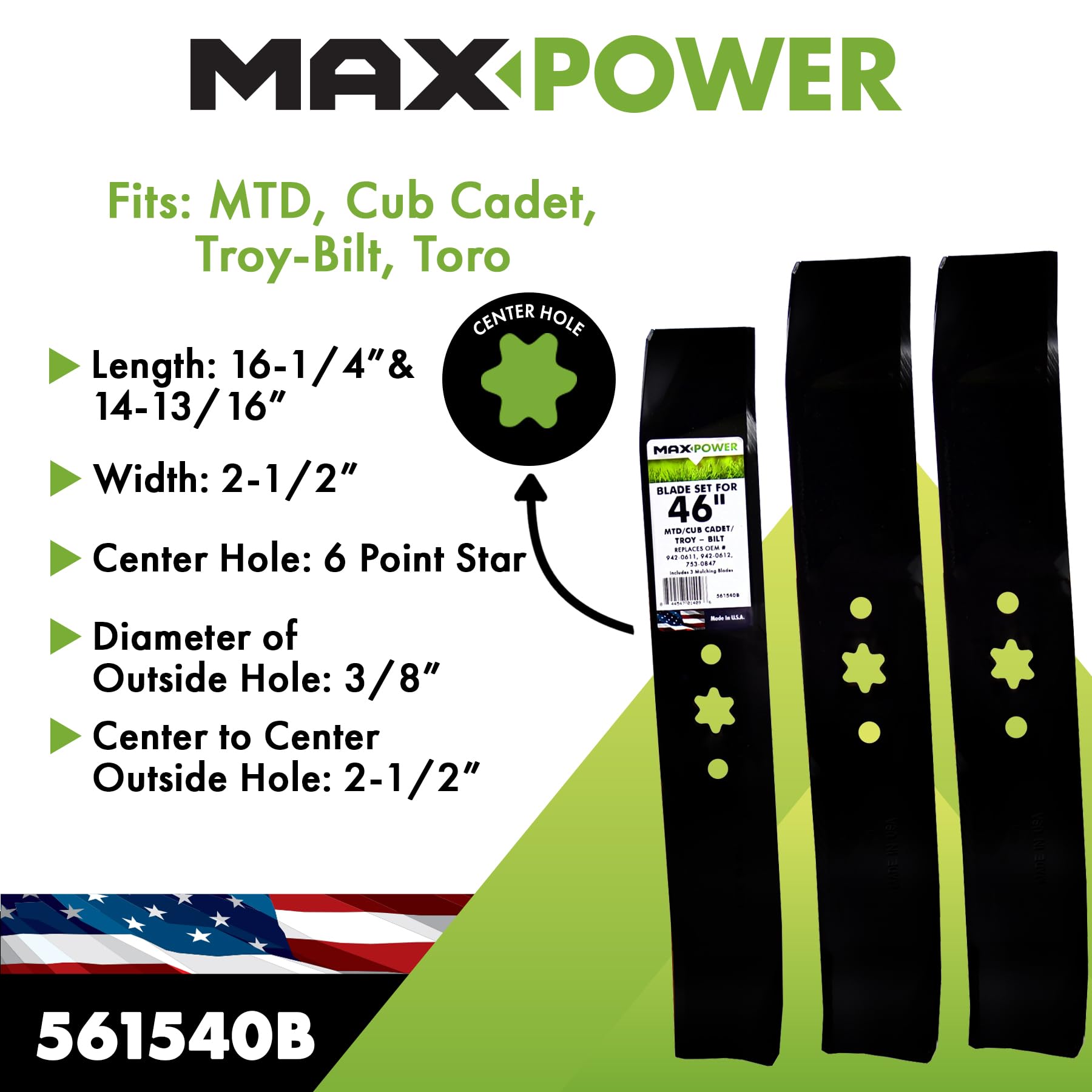 Maxpower 561540B 3 Blade Mulching Set for Many 46 in. Cut MTD, Cub Cadet, Troy-Bilt Mowers Replaces OEM #'s 753-0847, 942-04125, 942-04124, 942-0611, 942-0612