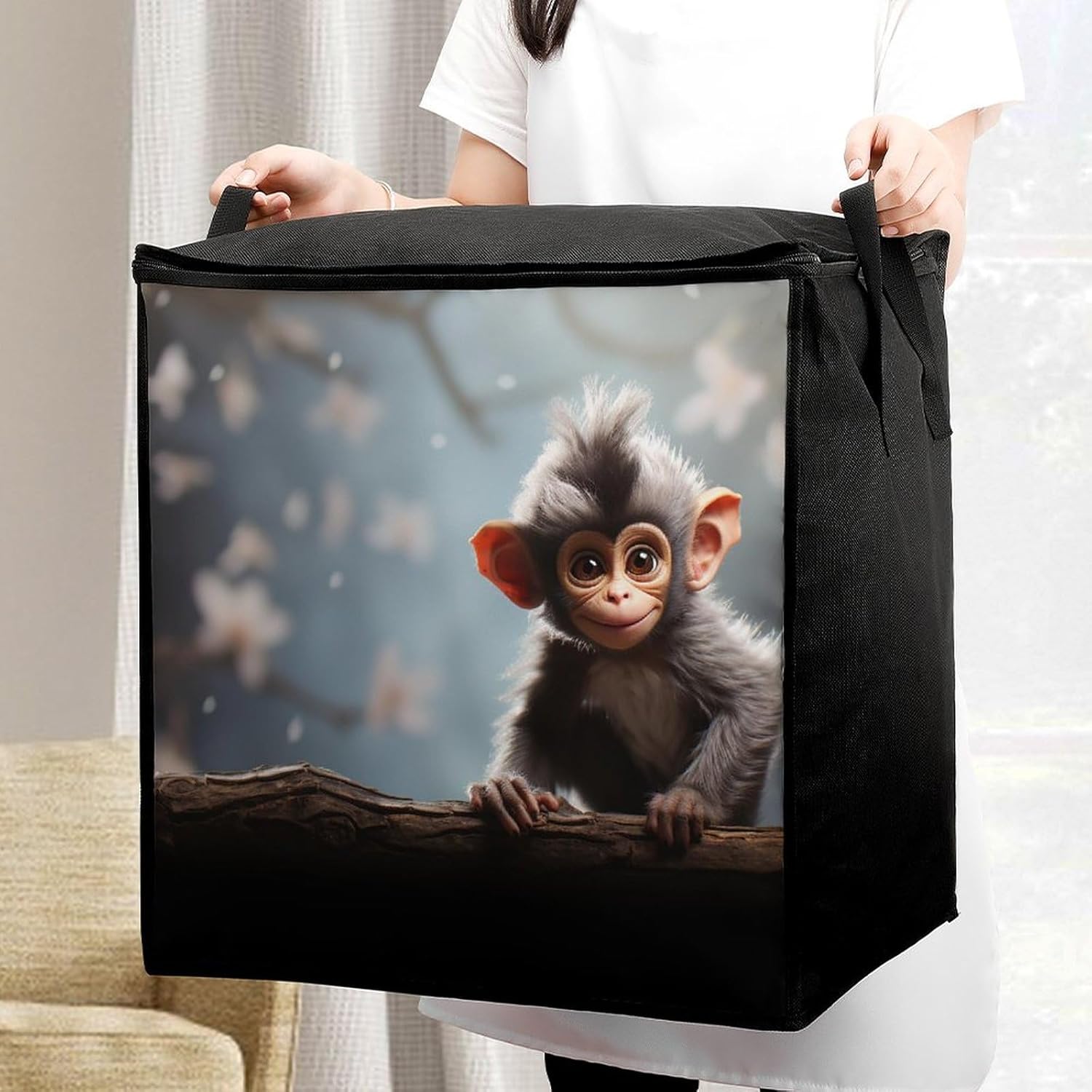 Quilt Storage Bag,Cute Monkey Printed Large Foldable Storage Container Portable Travel Storage Bag for Blankets, Quilts, Clothes, Comforter, Bedding And Pillows
