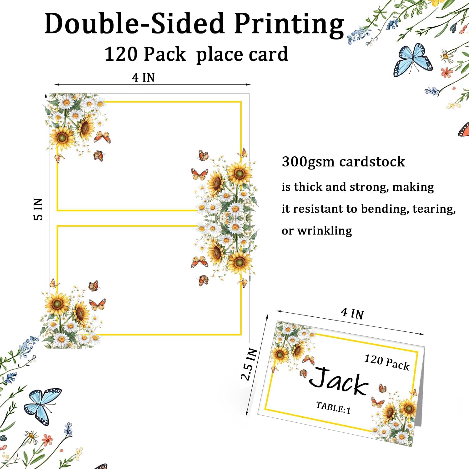 120 Pack Place Cards 4 x 2.5 Inch Table Name Cards Sunflowers Design