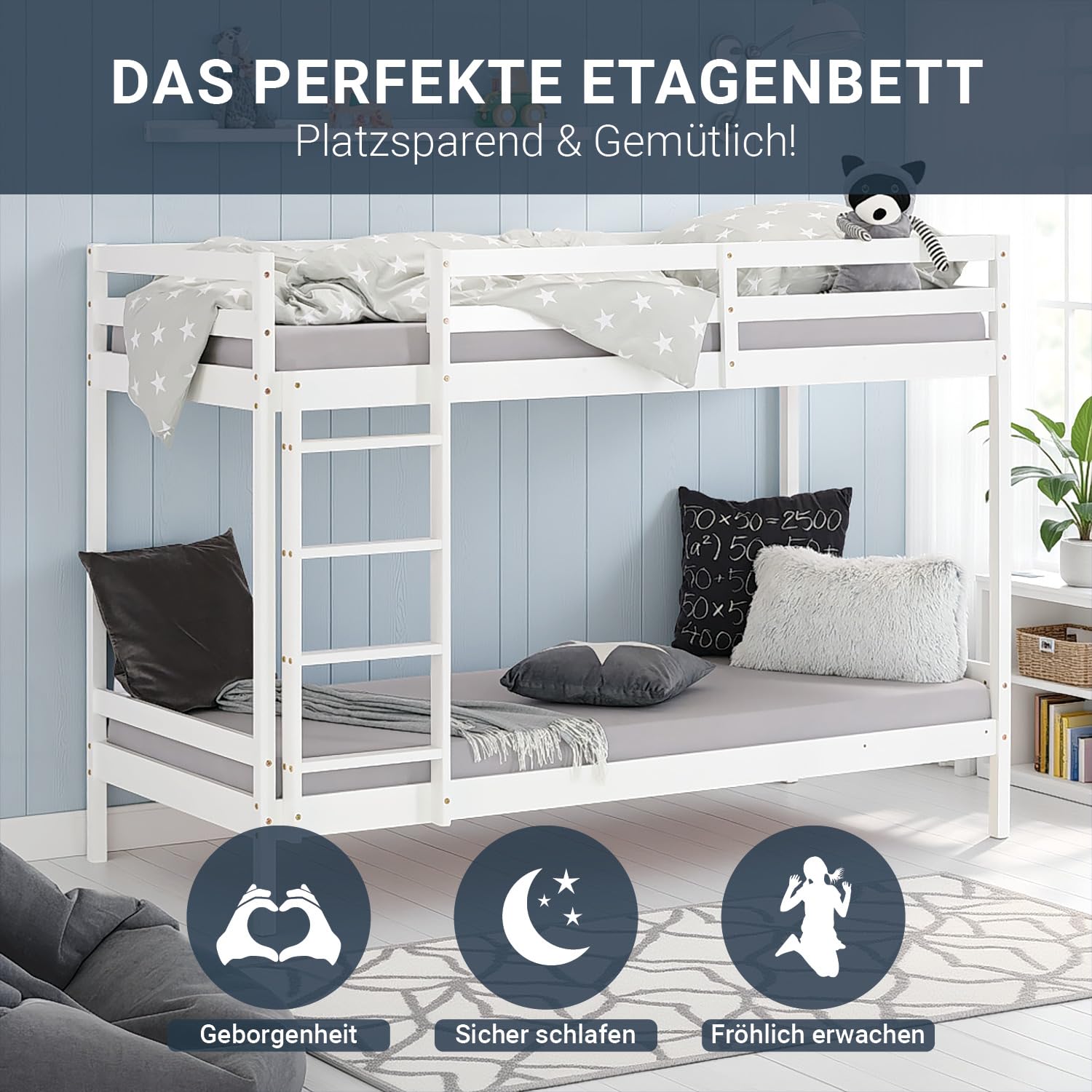 Homestyle4u Etagenbett 90x200 mit Stauraum Holz Weiß Doppelstockbett Hochbett 90x200 für 2 Kinder mit Lattenrost | Artikel 1431
