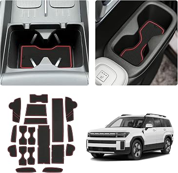 Center Console Liner Mat Fits 2024 2025 2026 Hyundai Santa Fe SE/SEL/SEL Hybrid/XRT/Limited/Calligraphy Accessories Cup Holder Insert Mat Center Console Shifter Liner Trim Door Pocket Mat 18PCS, Red