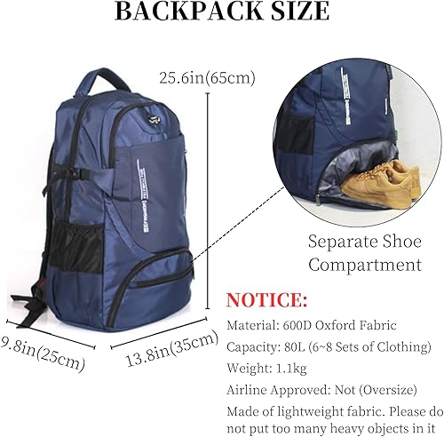 Miniatura 4 de Mochila de viaje grande de 80L para hombres y mujeres, mochila de senderismo ligera resistente al agua con compartimento para zapatos, Negro,