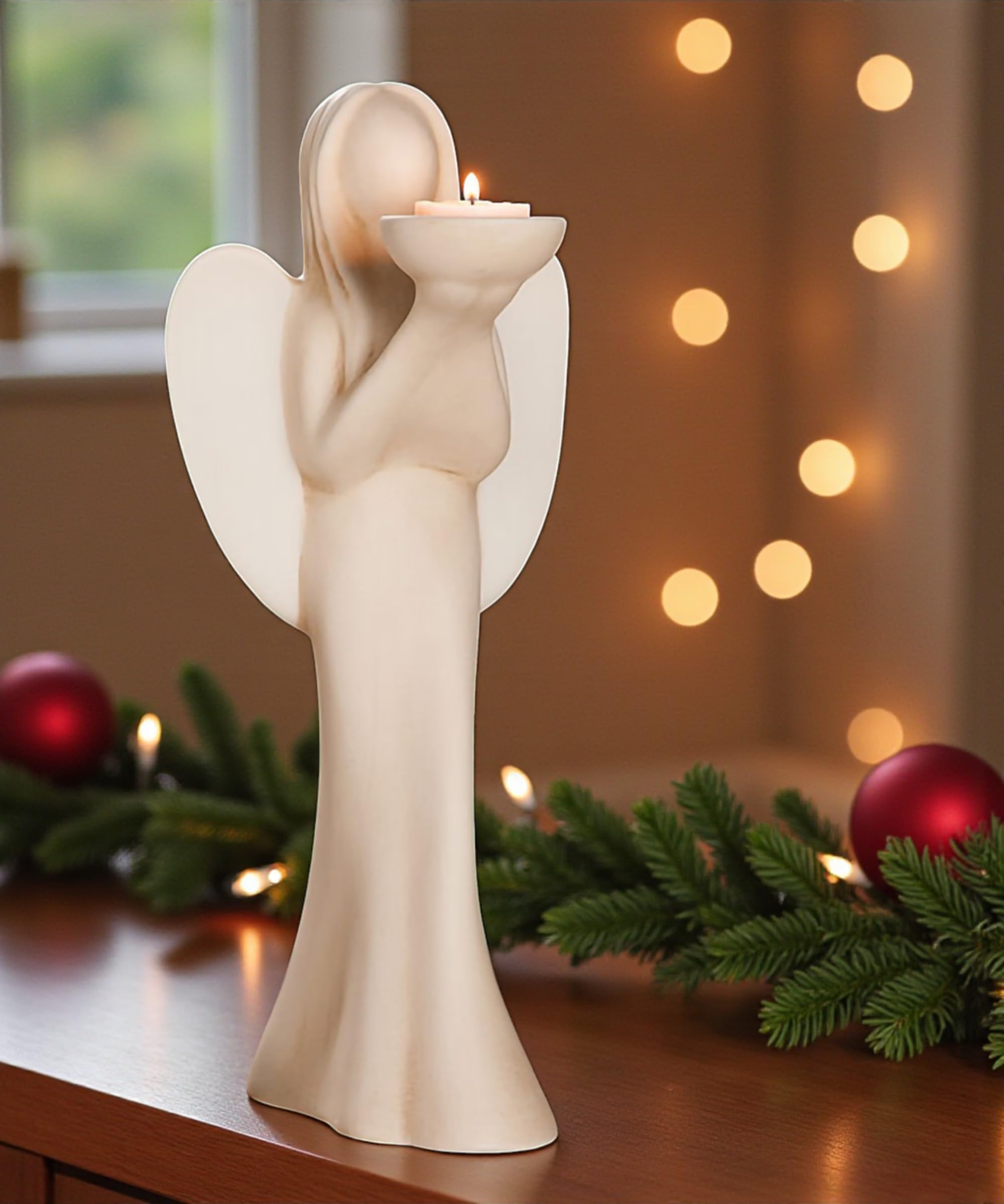 GILDE Deko Figur Engel Luciane Teelichthalter aus Keramik – Engelleuchter für Teelicht – Dekoration Tischdeko Geschenk – Farbe: Creme/Weiss Höhe 36,5 cm