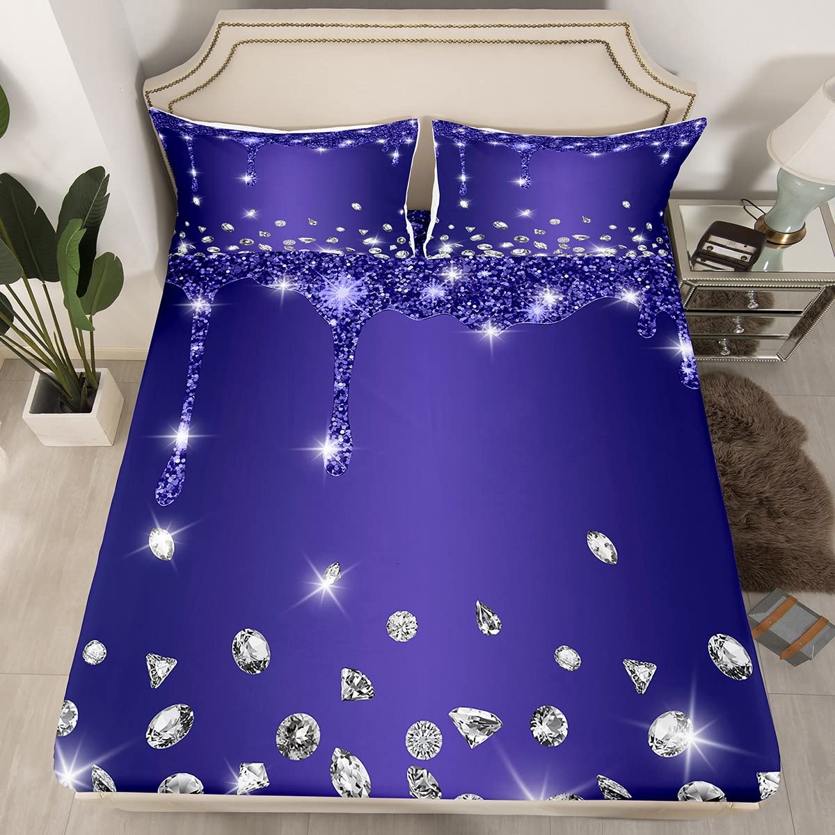Juego de sábanas de diamantes con purpurina para niños y niñas, sábana bajera ajustable brillante para niños, mujeres y hombres, textura de lujo suave, colorido y moderno, juego de ropa de cama para