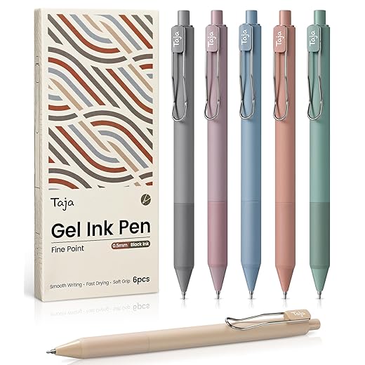 Taja Gel Pens, 6pcs 0.5mm Fine Point Smooth Writing Pens, Quick Dry Black Ink Pens for Journaling and Note Taking, Cute Aesthetic Pens for Office School & Home Supplies