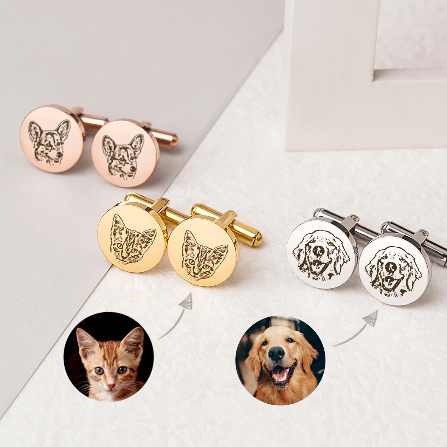 Anavia Pet Portrait & Handwriting Cufflinks Tie Clip Gift Box Set, Personalized Sketch Style Photo Engraving Men's Jewelry Accessories for Father Dad Brother Boyfriend Husband Wedding Birthday Gift (Cufflinks, Gold Plated)