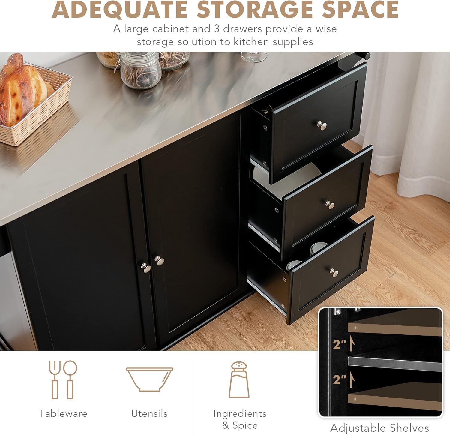 Iš arti view of the kitchen island's smooth-rolling casters, highlighting the locking brake mechanism for stability.