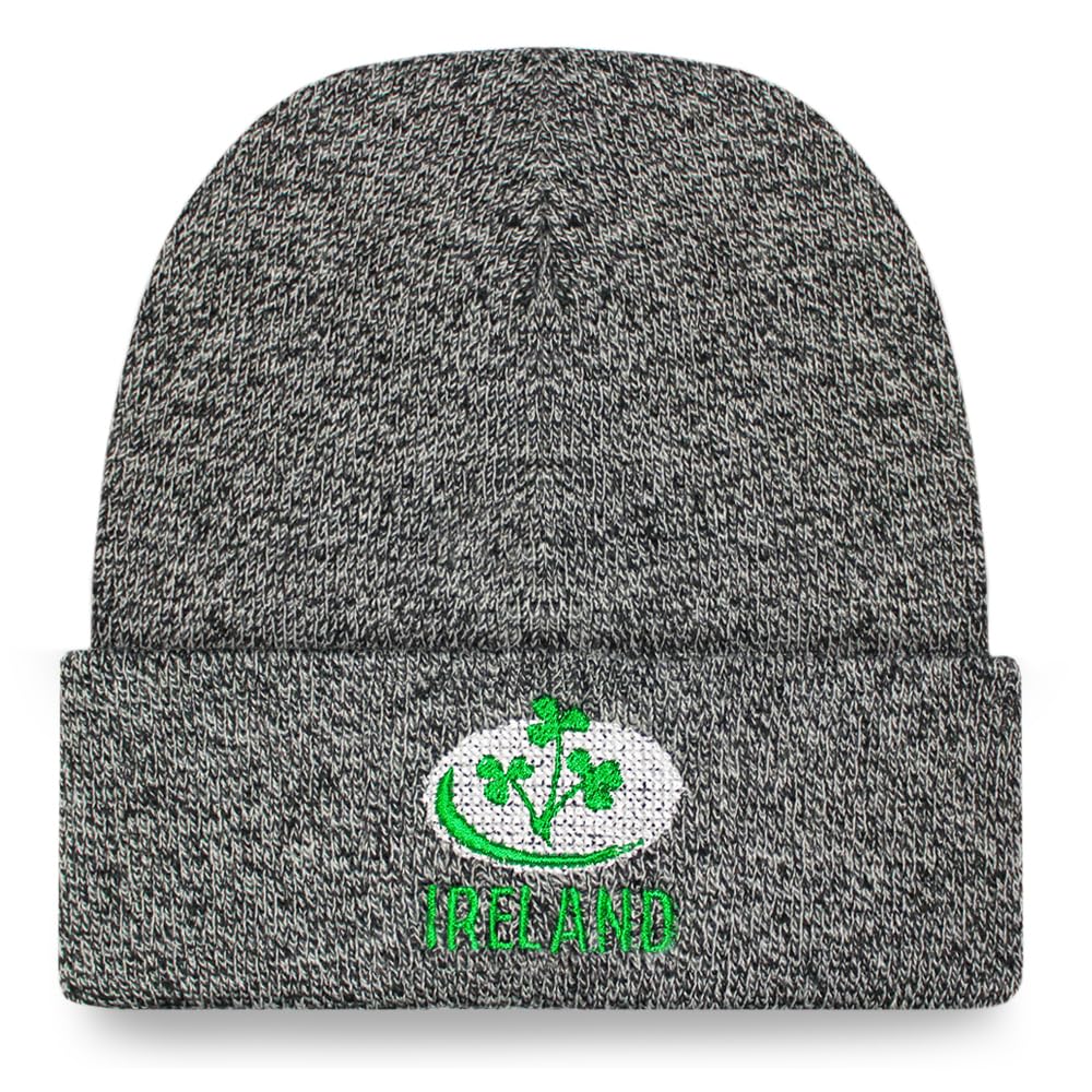 Teddyt's Men's Grey Ireland Rugby Ball & Irish Clover Thermal Knit Rib Beanie Hat