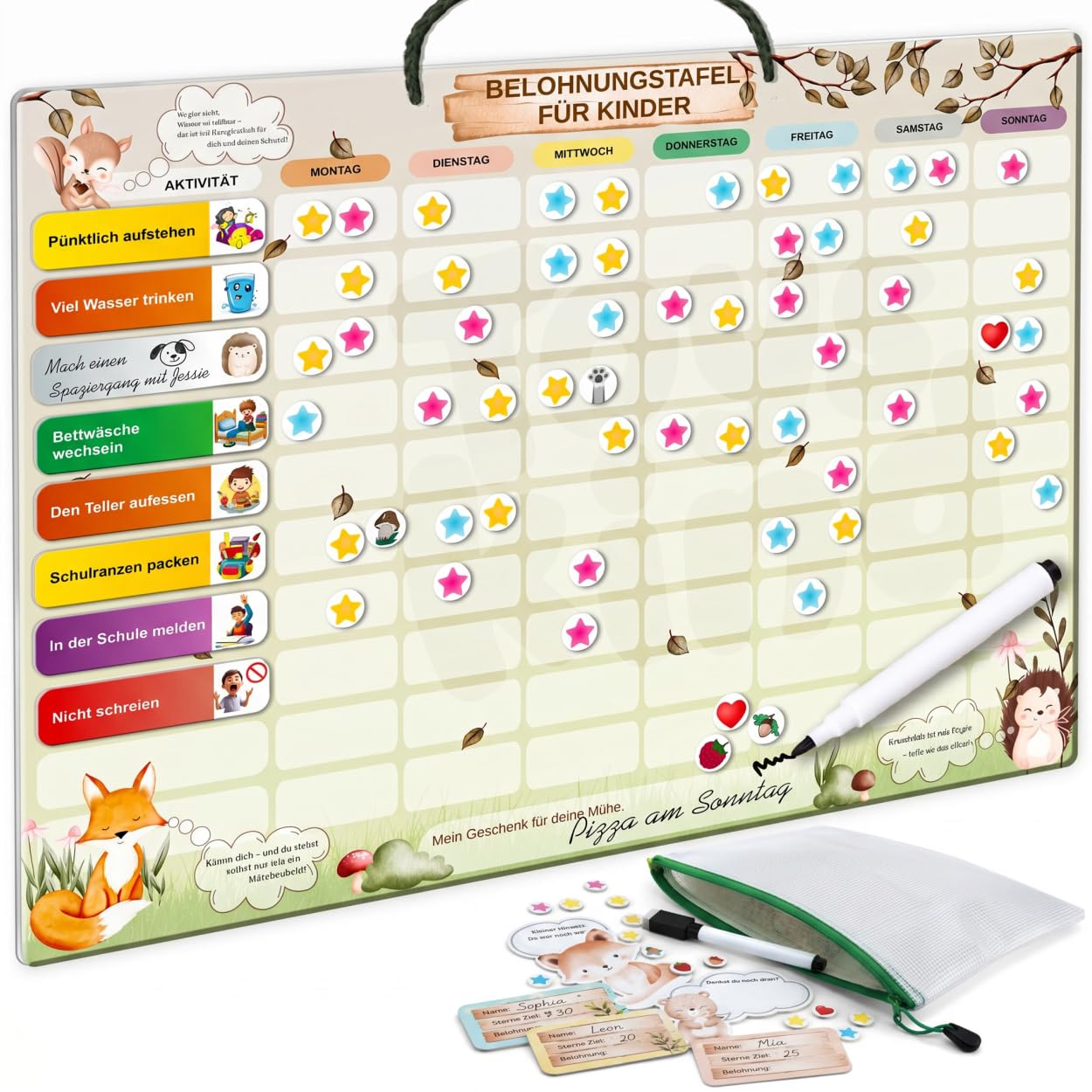 Belohnungstafel Kinder XXL-Set mit 3 Stiften & Tasche [100 Aufgaben + 355 Magnete] Belohnungssystem für Verantwortung - ADHS Hilfsmittel - Family Plan, Montessori Magnettafel, Wochenplaner