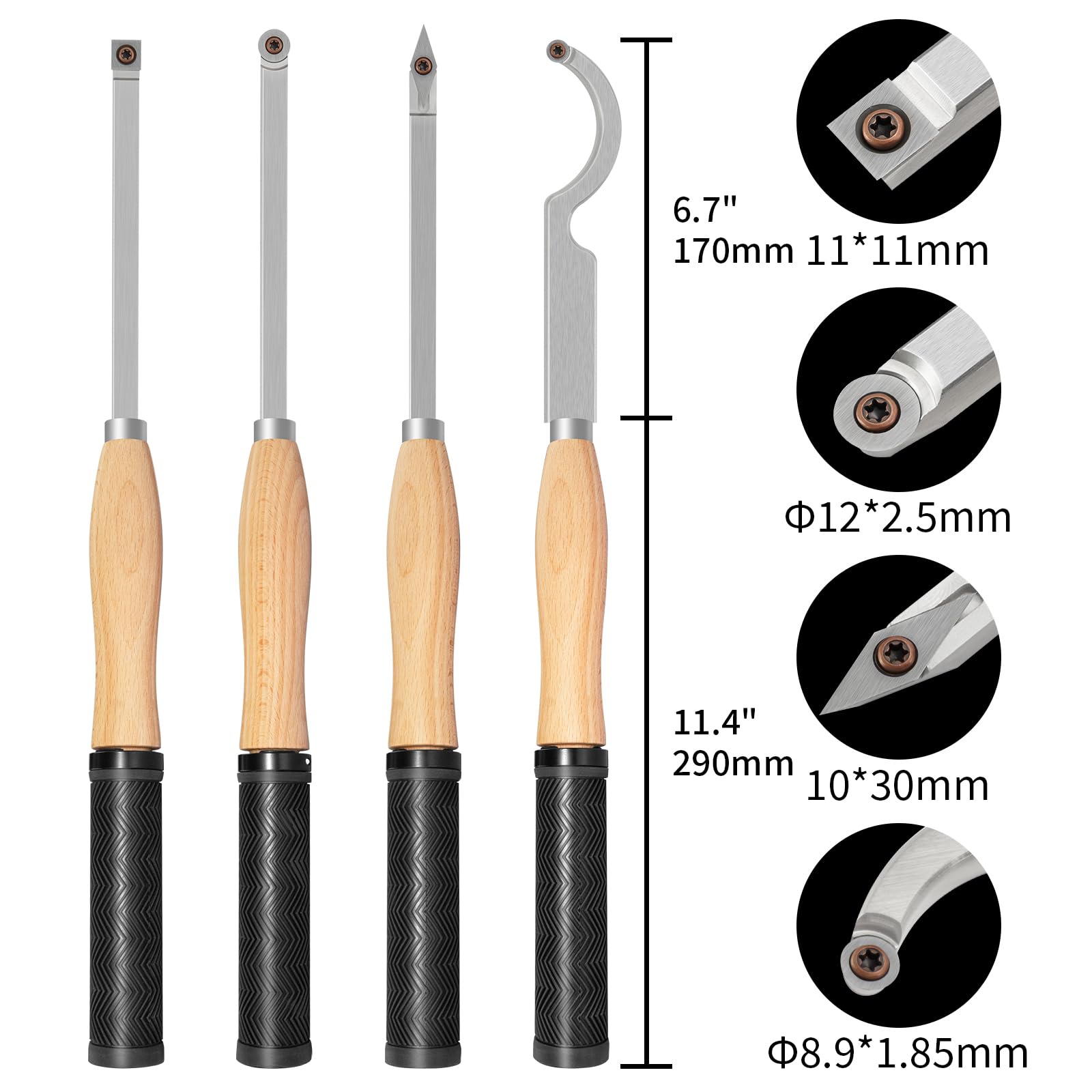 Kit di utensili per tornitura in legno con punta in metallo duro da 46,5 cm, per sgrossatura e finitura per tornio con inserti in metallo duro quadrato diamantato (manico in faggio)