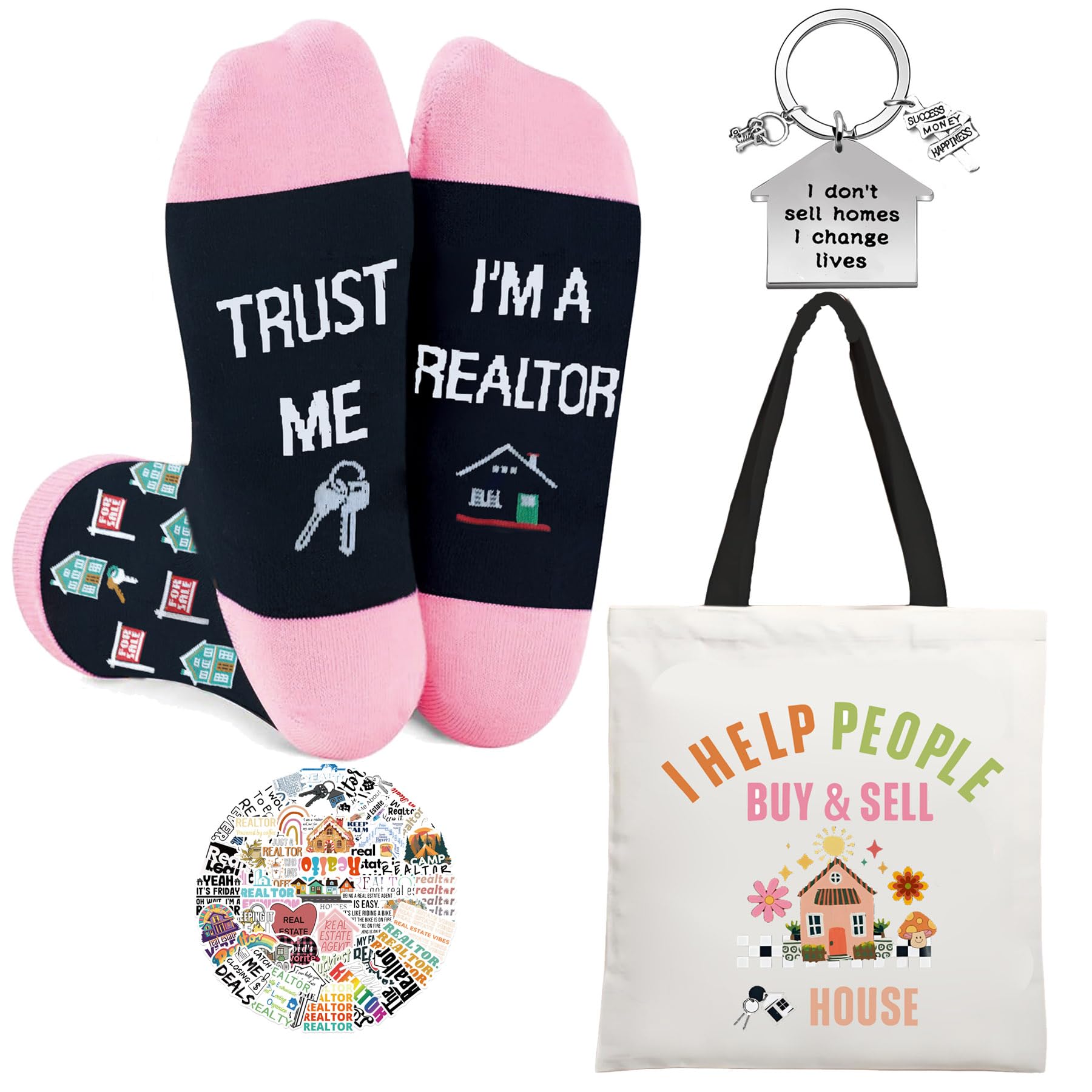 Realtor Gifts for Women,4pcs Real Estate Agent Gift Set for Her,Birthday Present with Funny Novelty Socks For Sister,Friends,Mom