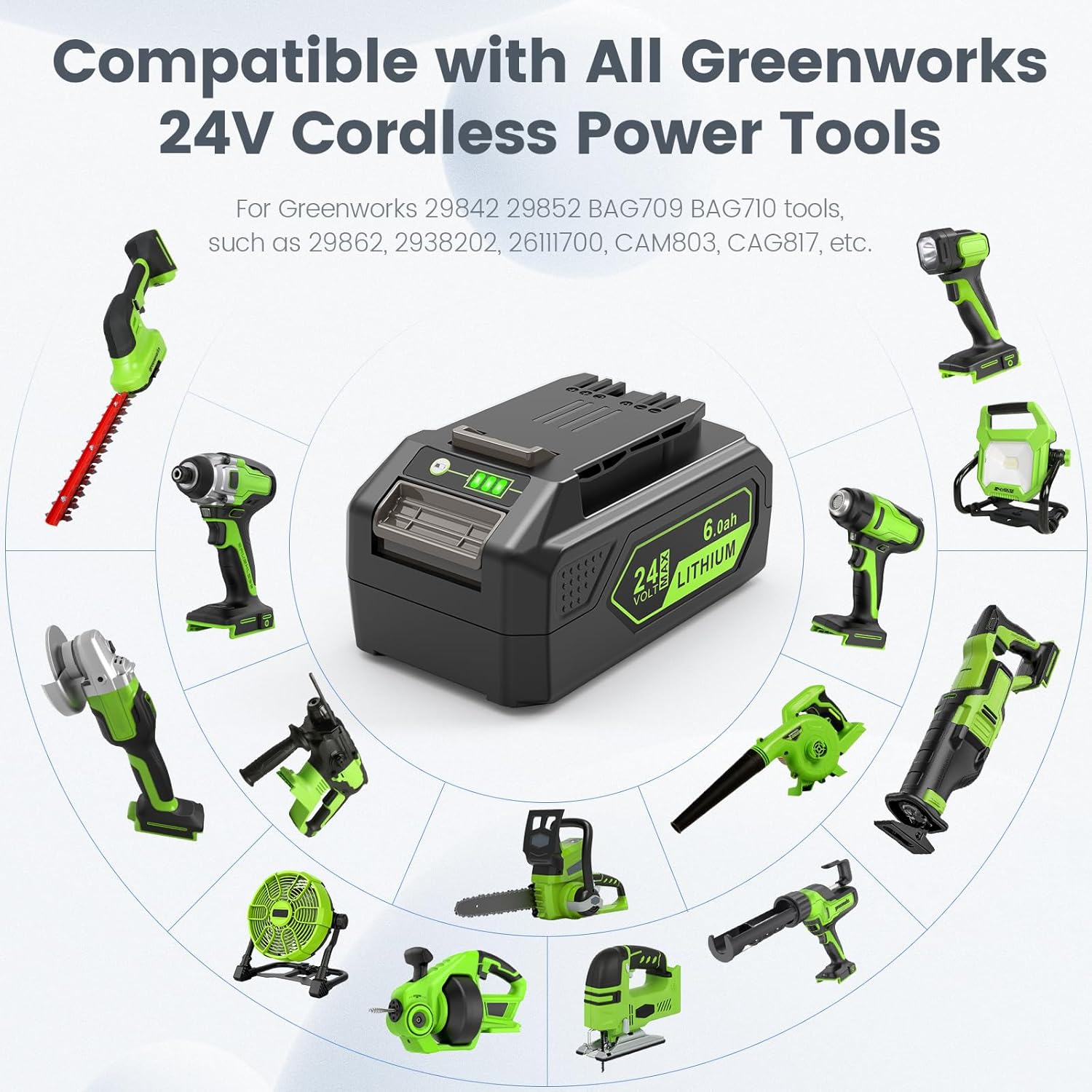 ARyee 24V 6.0Ah Replacement for Greenworks 24v Battery 29842 29852 BAG709 Lithium ion Lawn Mower Weed Blower Battery, 2Packs