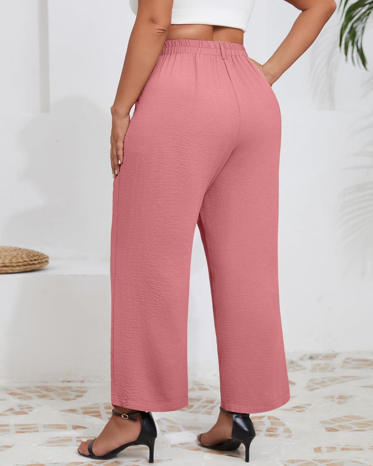 Neer Women's Plus Size Wide Leg Pants, Elastic High Waist Palazzo Pants Casual Business Trousers with Pockets - Image 2