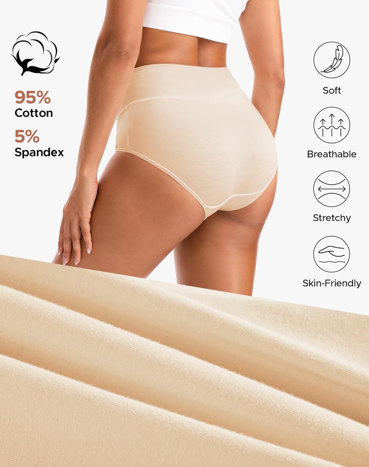 INNERSY Women's High Waisted Underwear Cotton Panties Regular & Plus Size 5-Pack - Image 5