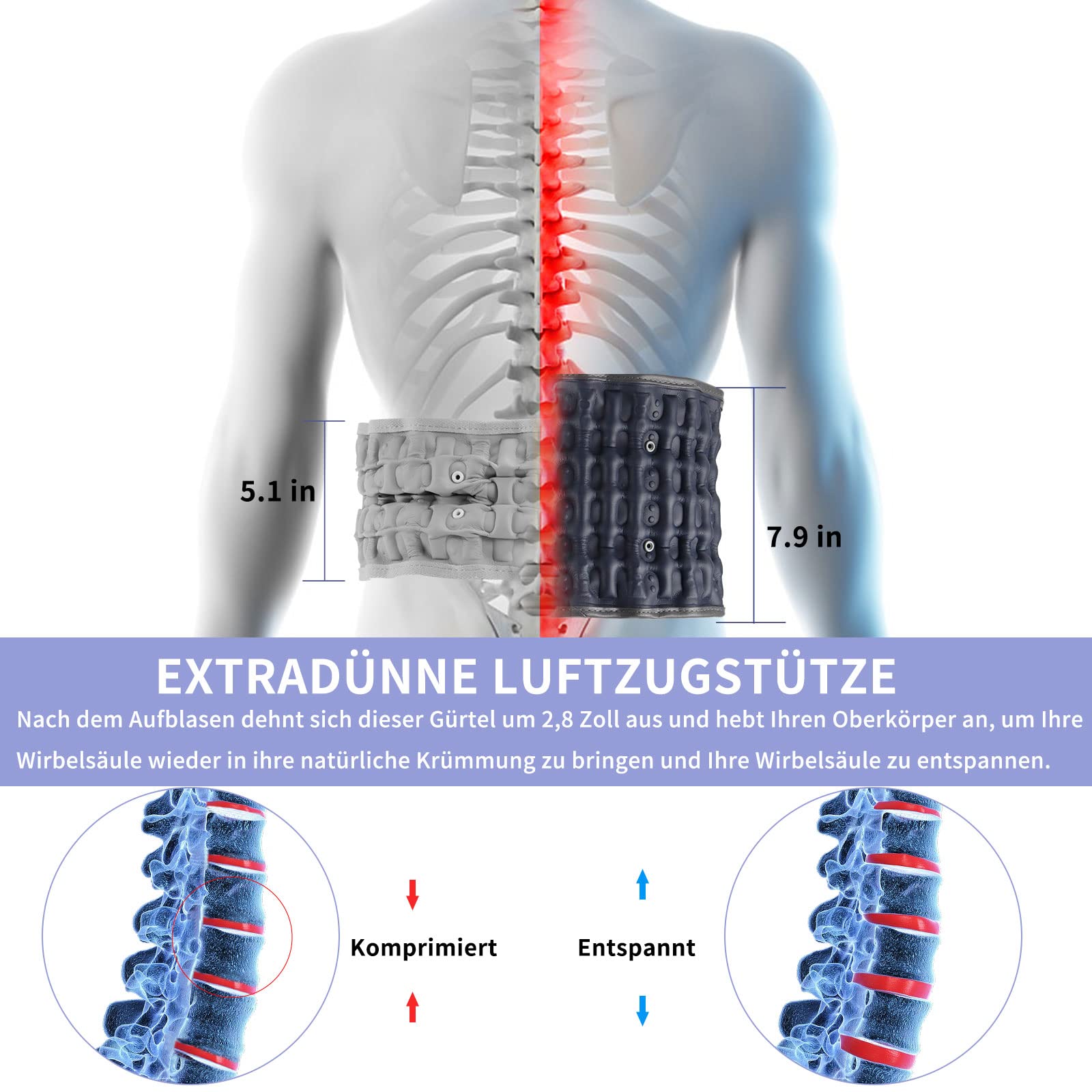 Dekompressions-Rückengurt, aufblasbar, für Schmerzlinderung im unteren Rücken Lendenwirbel-Traktionsgerät mit Handpumpe, Einheitsgröße, passend für Taille 29-49