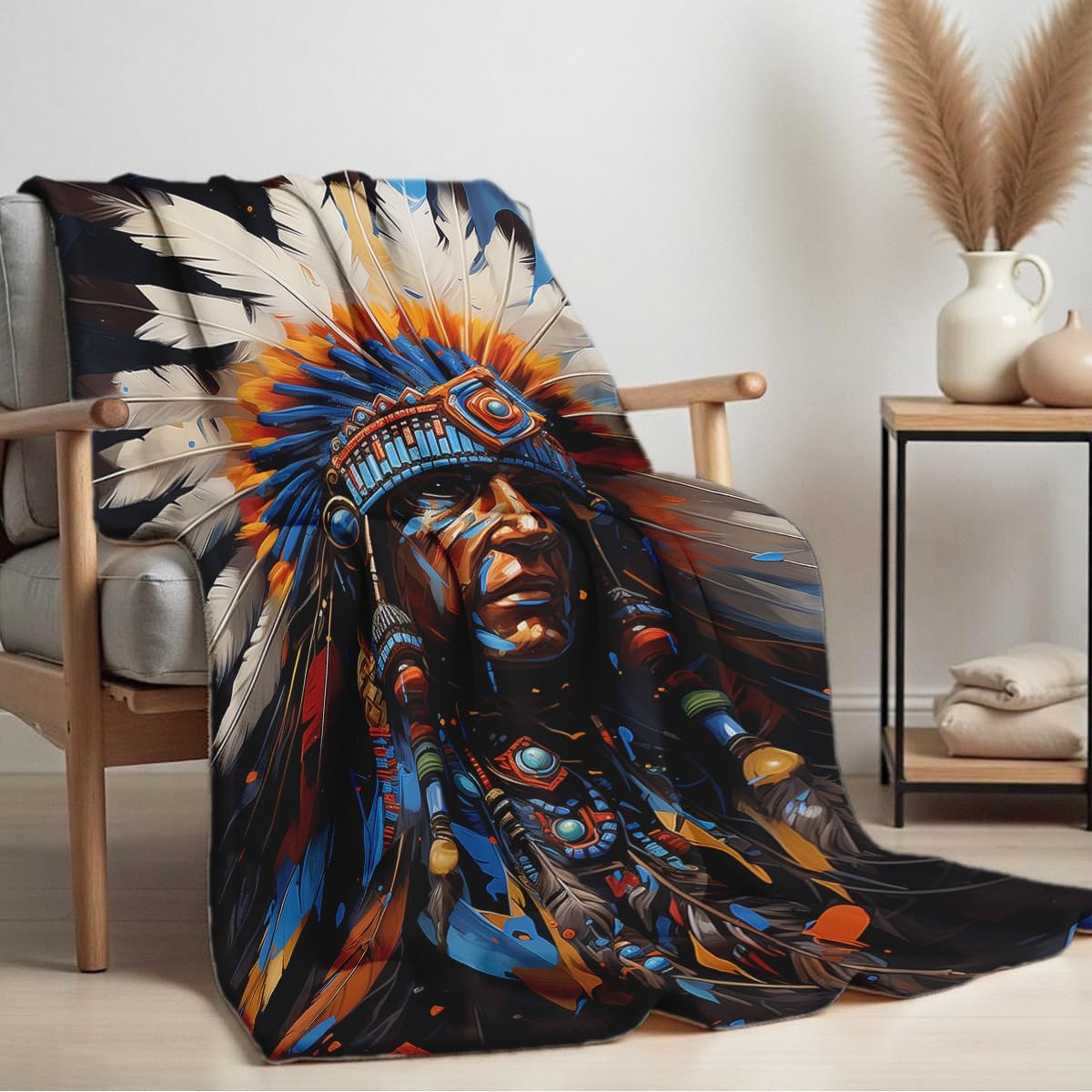 Native American Flannel Blanket Indian Tribal Chief Print Blanket Throw for Couch Bed Soft Bedding Decor Native American Gifts for Boys Men Adults (49"x59") - Image 3