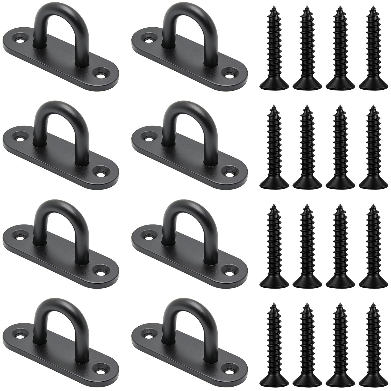 8 Pcs Pad Eye Plates, Ceiling Hooks Heavy Duty, M6 Stainless Steel Metal Oblong Eye Plates, Black Metal Staple Rings for Wall, Deck, Training Straps, Shade Sails, Ropes, with Screws