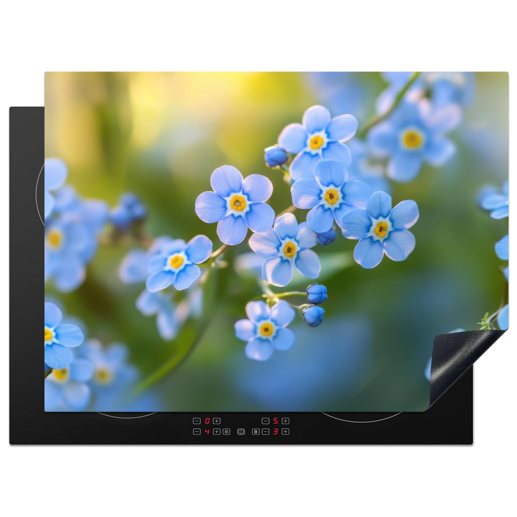 KitchenYeah© Induction Hob Protector Mat 20.5"x27.6" / 70x52 cm Stove Cap Top Cover Kitchen Cooker Covers for Electric Hobs Vinyl Flowers - Blue - Forget me Not