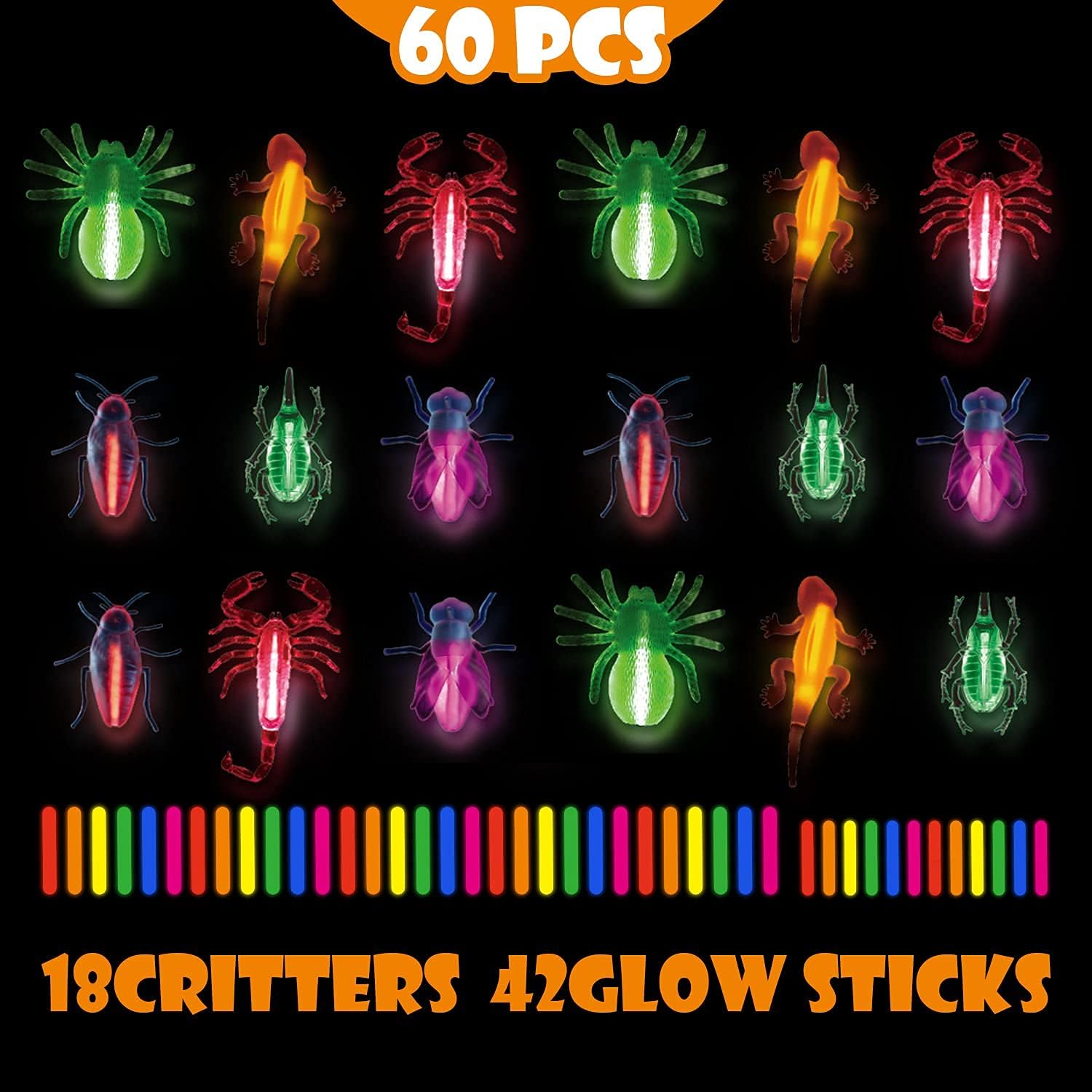 Glow in The Dark Halloween Party Favor Set for Kids,18 Glow Critters Toys&42 Glow Sticks,Party Favors for Trick or Treating,Goodie Bag Fillers,Halloween Miniatures,School Classroom Game Rewards : Everything Else