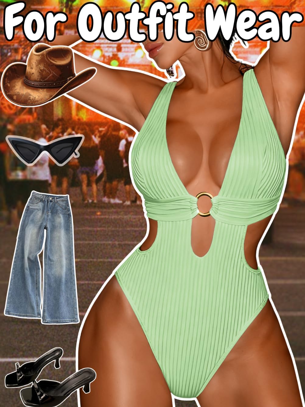 Sexy Women Plunge V One Piece Swimsuit,Cut Out Textured Cheeky High Cut Bathing Suit, Pool Party Monokini Rave Outfit - Image 6