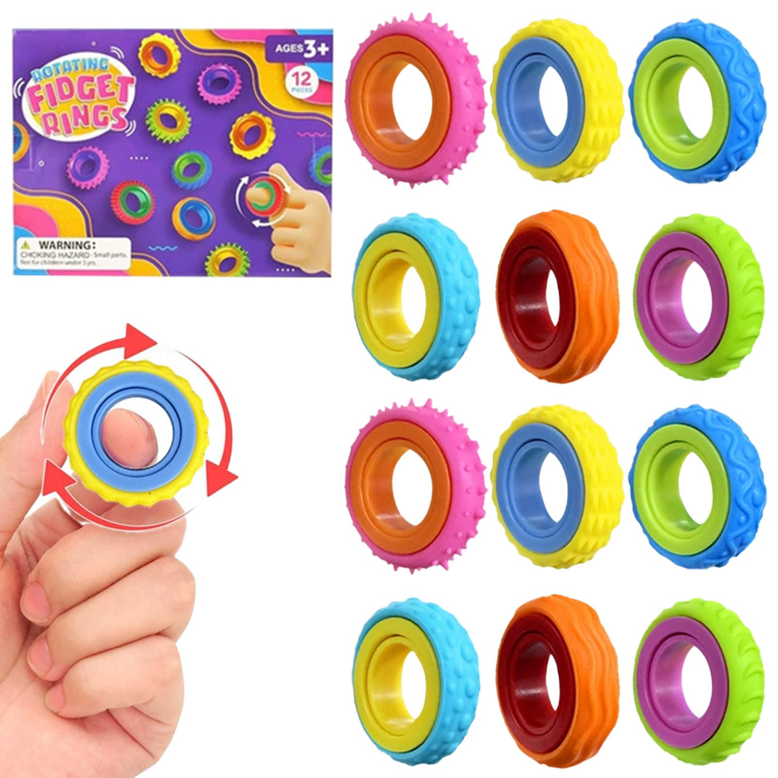 PLUSHCEWT Fidget Toy Sensory Rings for Kids,12 Pack Sensory Small Fidget Spinners Toys for Kids Adults Autism & ADHD,Silent Mini Fidgets Stress Relief Toys Suitable for Classroom & Office
