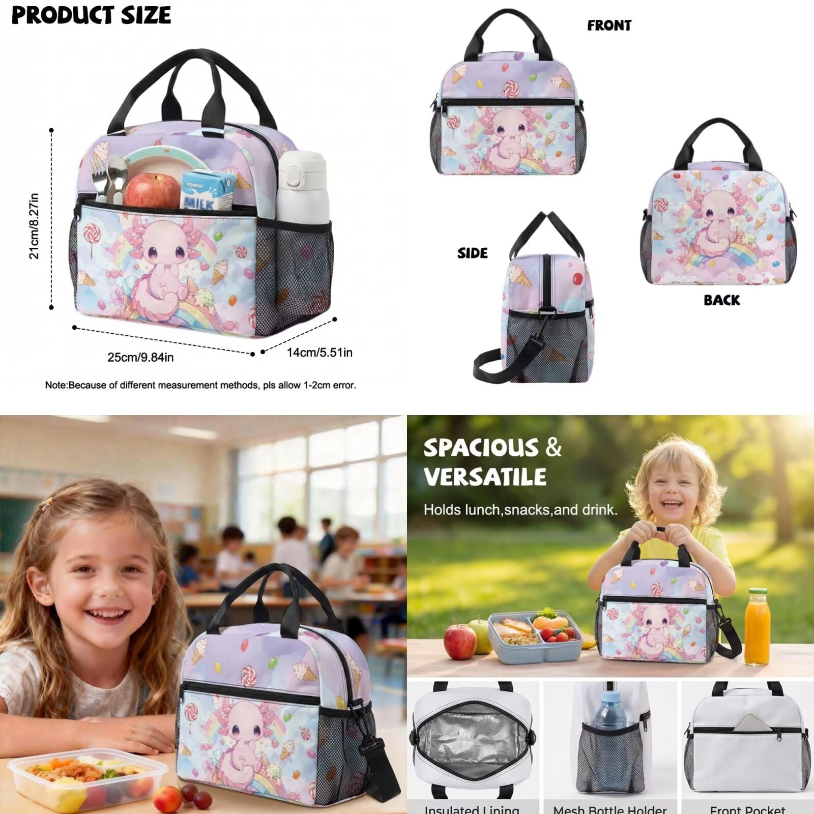Uroczy plecak kawaii do szkoły, 3 sztuki, dziewczęcy plecak i pudełko na lunch, przedszkole przedszkole torba na książki dla dzieci, Słodycze Rainbow Axolotl, S, Klasyczny