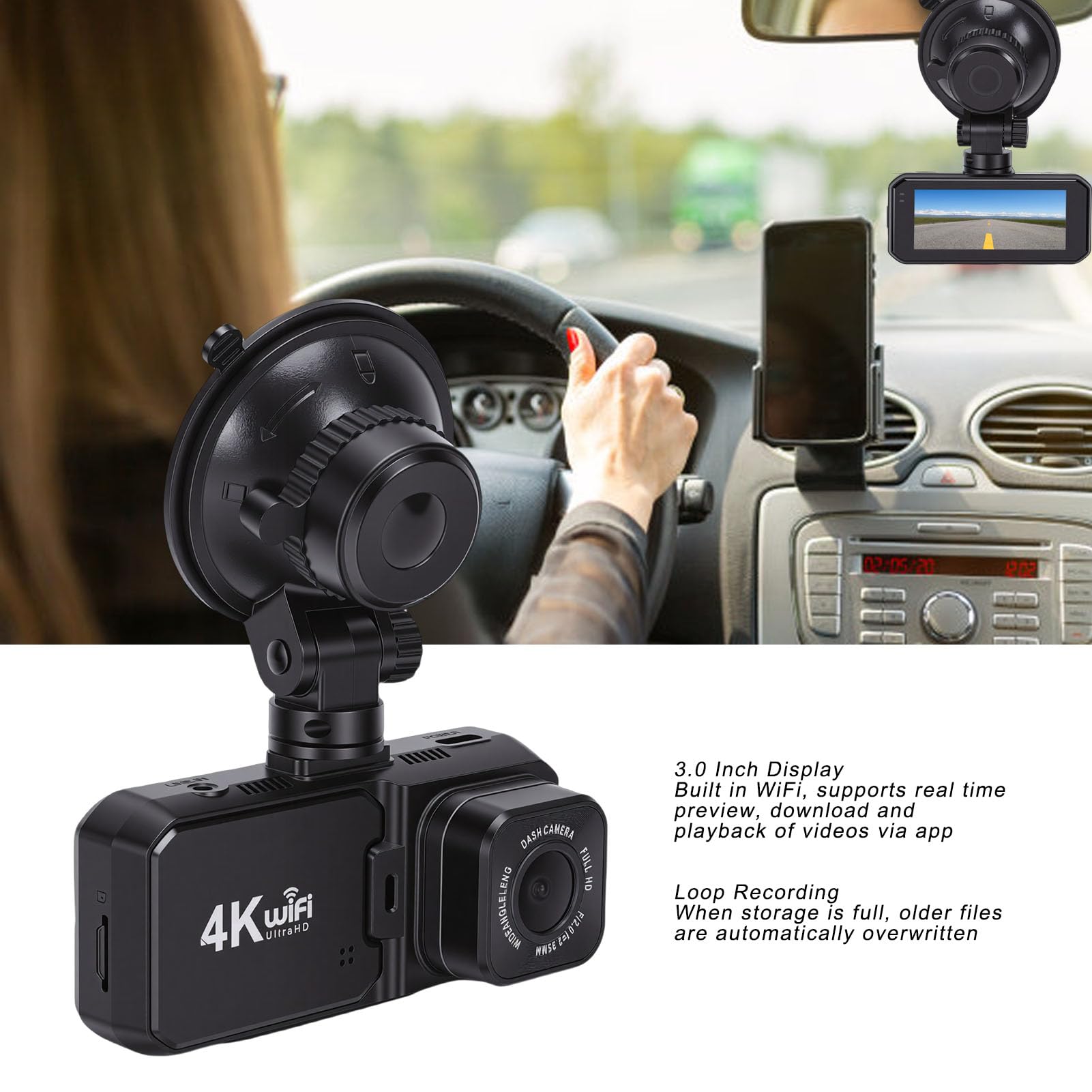 Kamera Samochodowa z Przodu 4K z Tyłu 1080P, Rejestrator Jazdy Samochodem z 3,0-calowym Ekranem Kontrola Aplikacji Wi-Fi Wykrywanie Kolizji Nagrywanie w Pętli G-Sensor Blokada