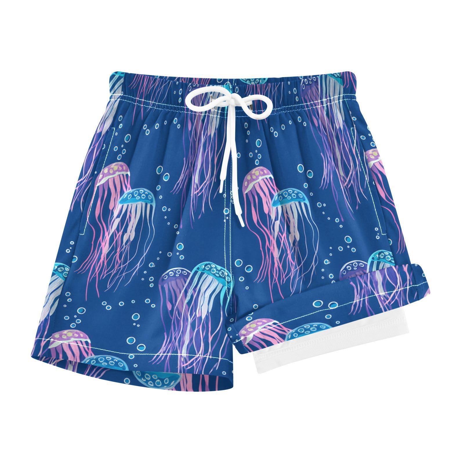 YANENDIE Boy Swim Trunks with Compression Liner Jellyfish Deep Blue Boys Swim Shorts Quick Dry Beach Shorts